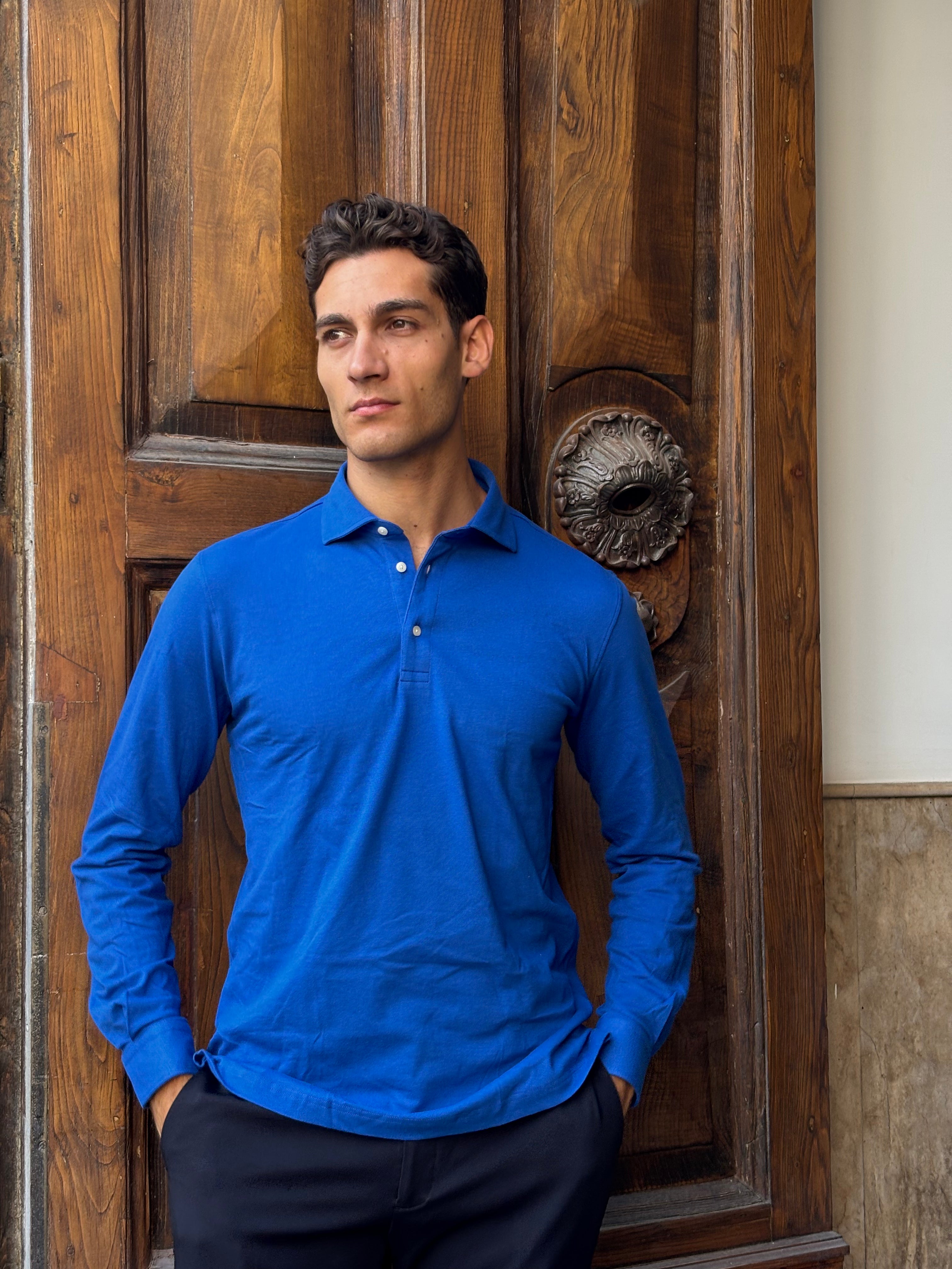 Men's Royal Blue Long Sleeve Knit Polo Shirt - Smart Casual Top