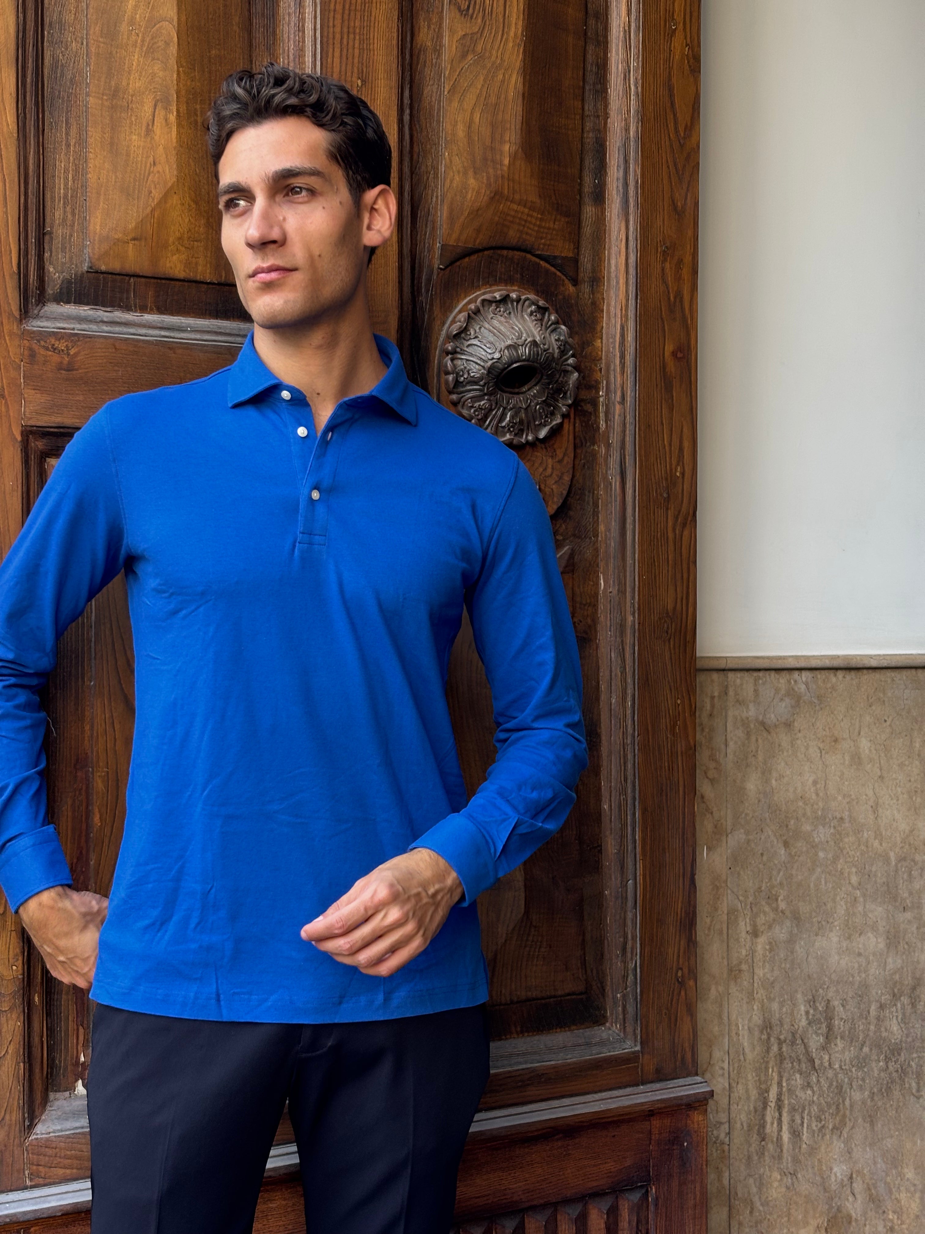 Men's Royal Blue Long Sleeve Knit Polo Shirt - Smart Casual Top