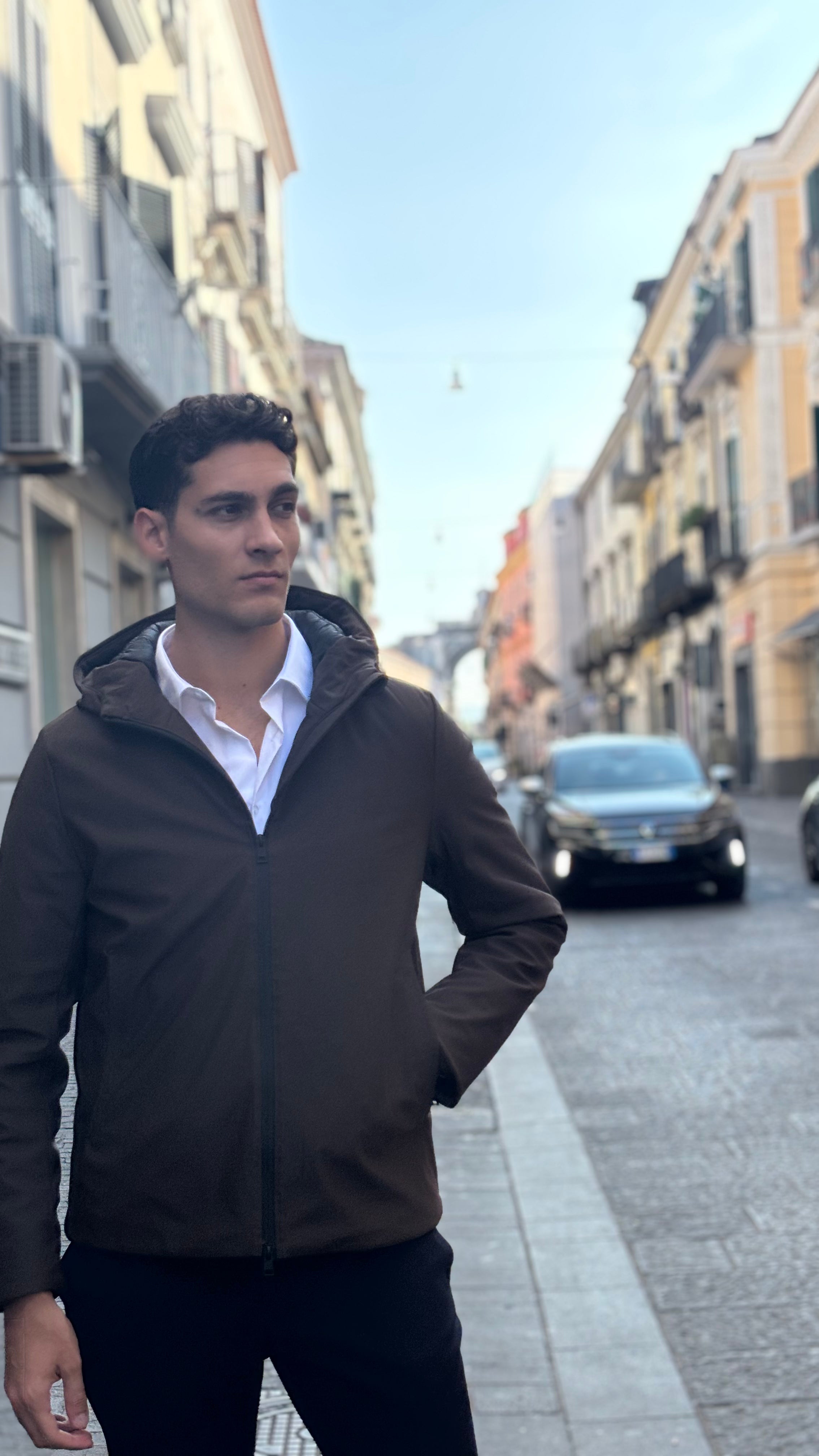 Men's Brown Water-Resistant Hooded Jacket - Full-Zip Polyester Outerwear