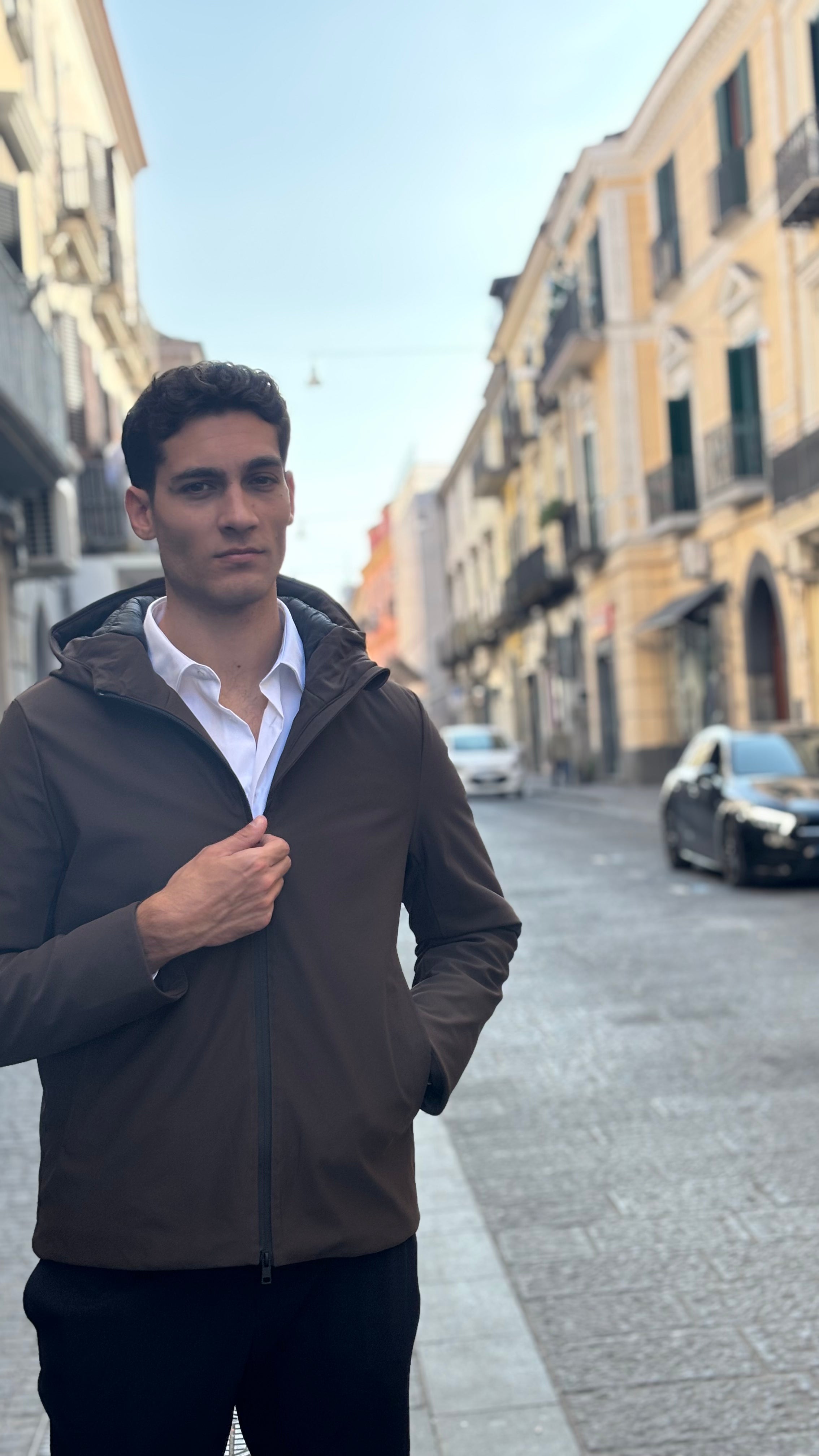 Men's Brown Water-Resistant Hooded Jacket - Full-Zip Polyester Outerwear