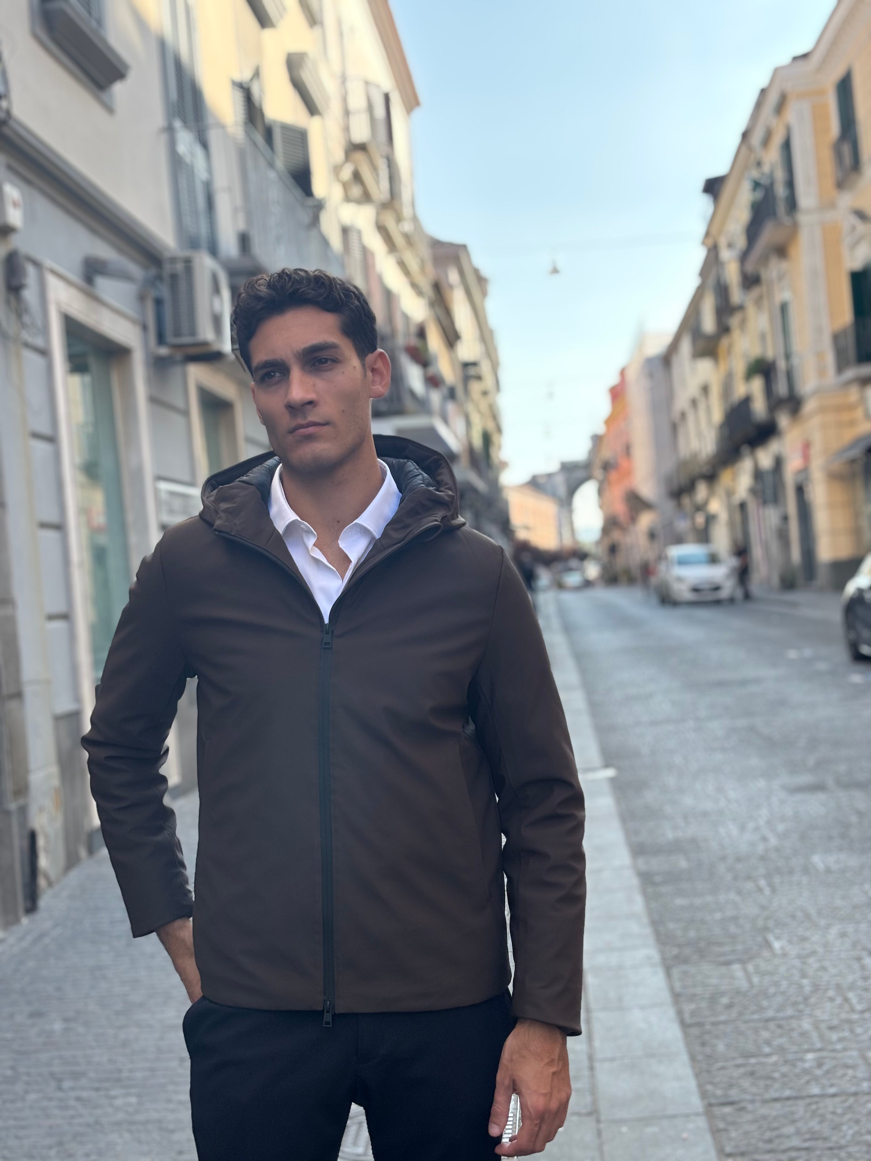 Men's Brown Water-Resistant Hooded Jacket - Full-Zip Polyester Outerwear