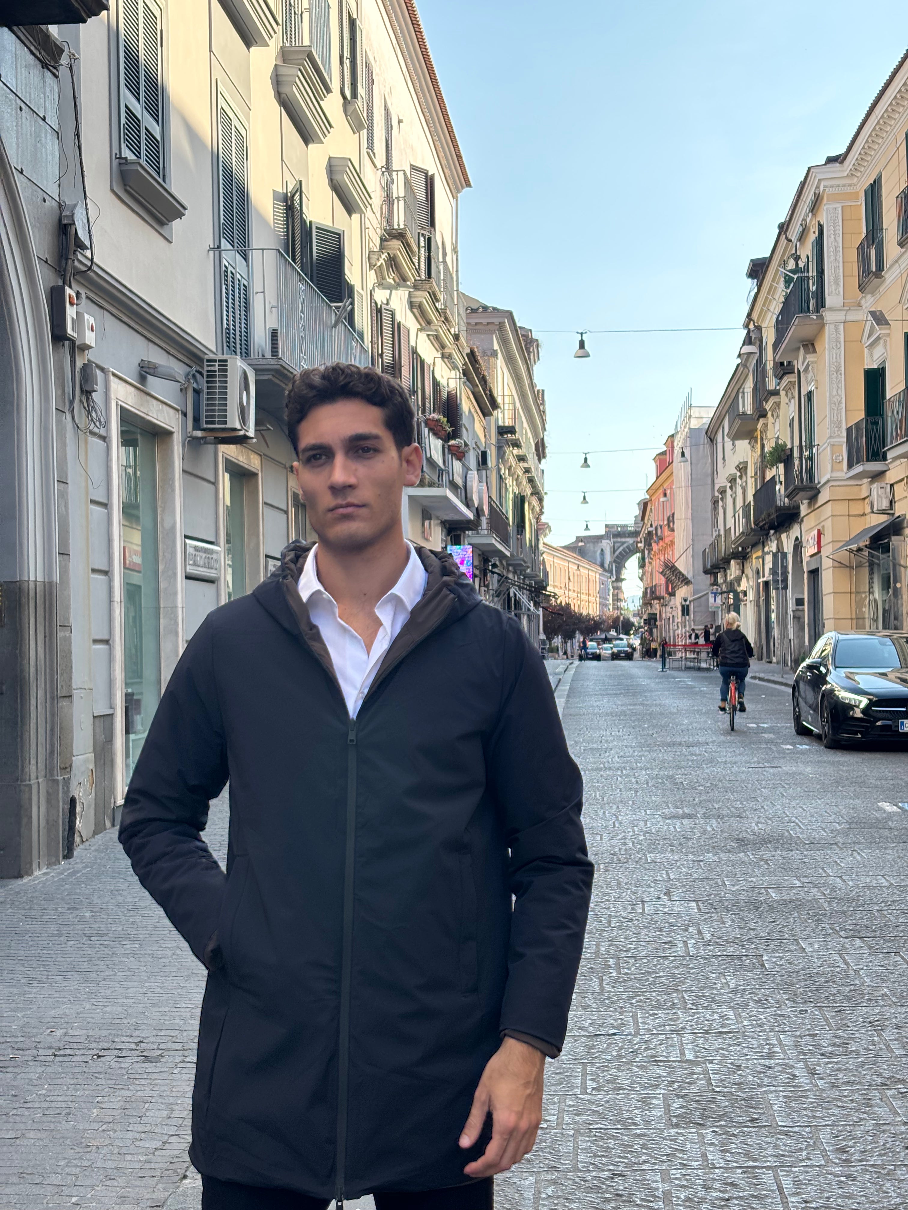 Men's Black/Dark Gray Hooded Longline Parka - Water-Resistant Polyester Commuter Coat