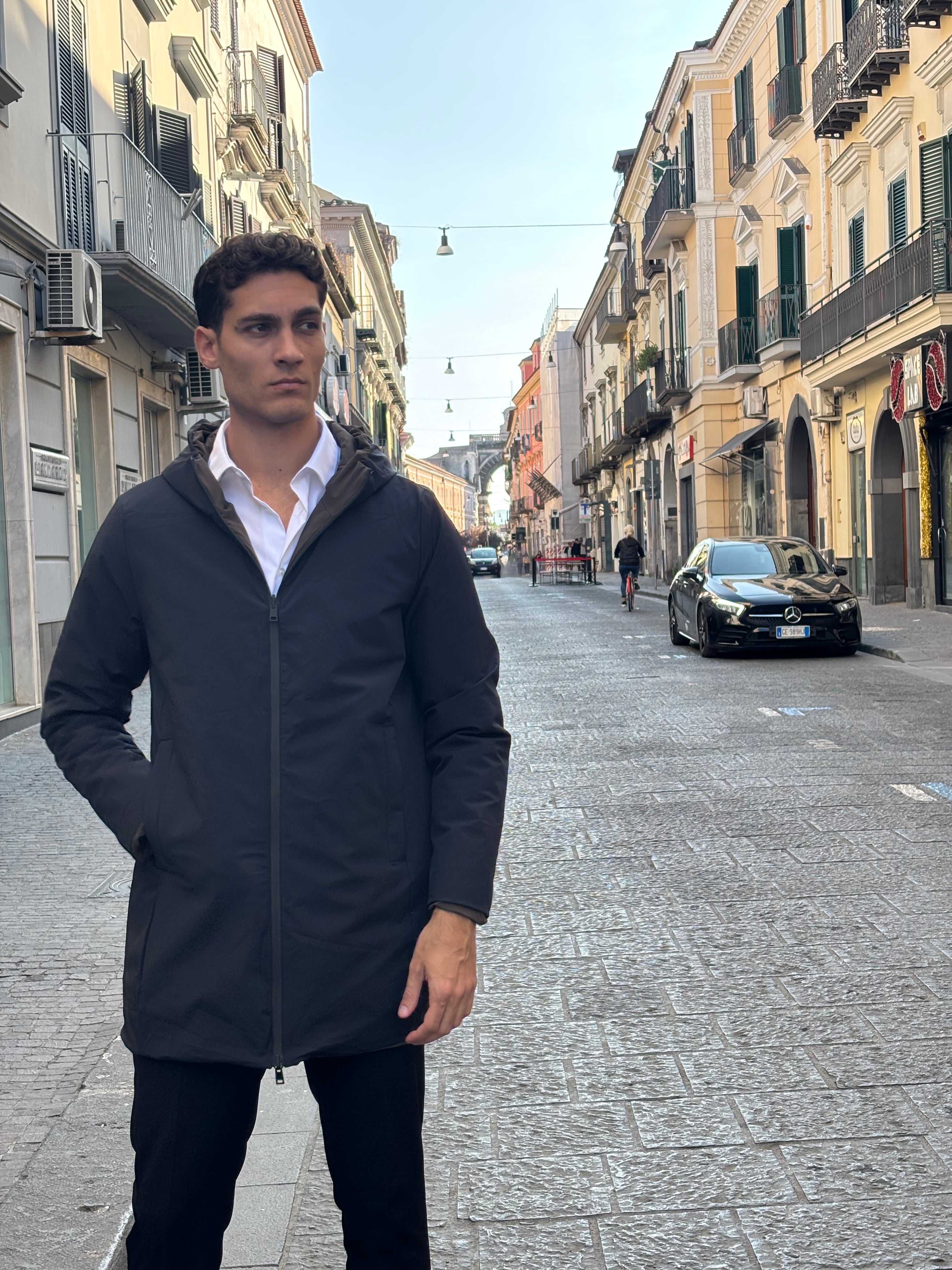 Men's Black/Dark Gray Hooded Longline Parka - Water-Resistant Polyester Commuter Coat