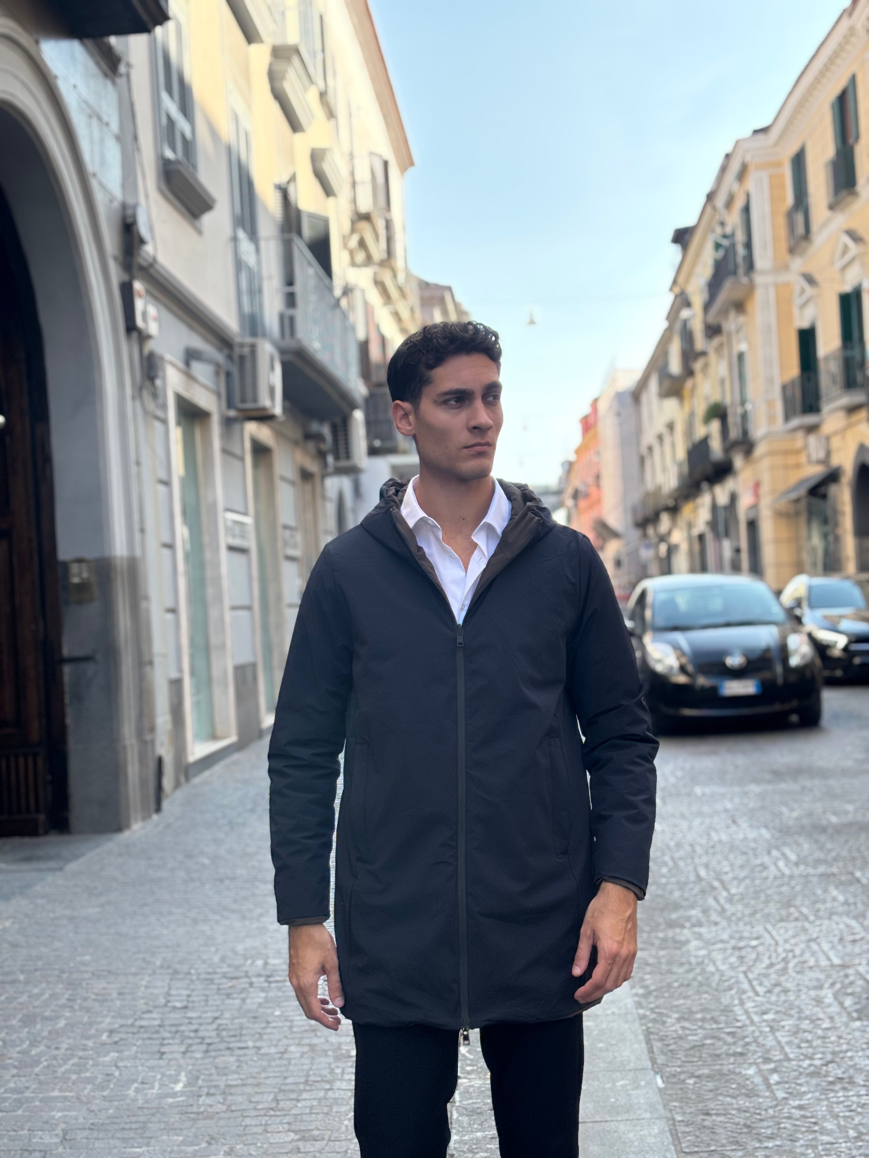 Men's Black/Dark Gray Hooded Longline Parka - Water-Resistant Polyester Commuter Coat