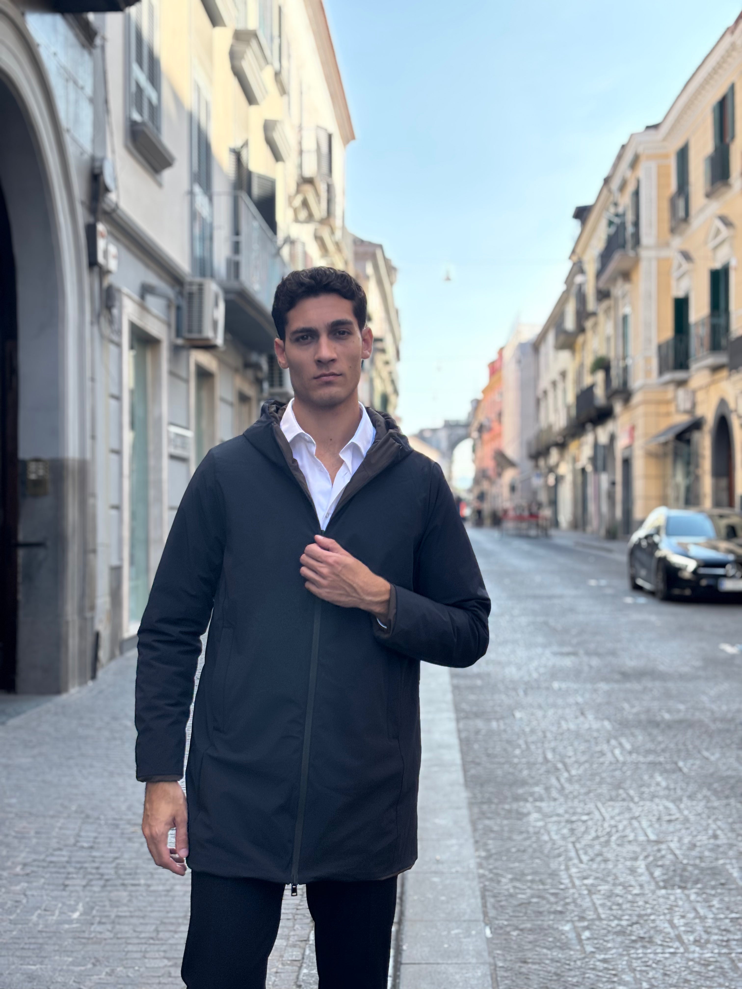 Men's Black/Dark Gray Hooded Longline Parka - Water-Resistant Polyester Commuter Coat