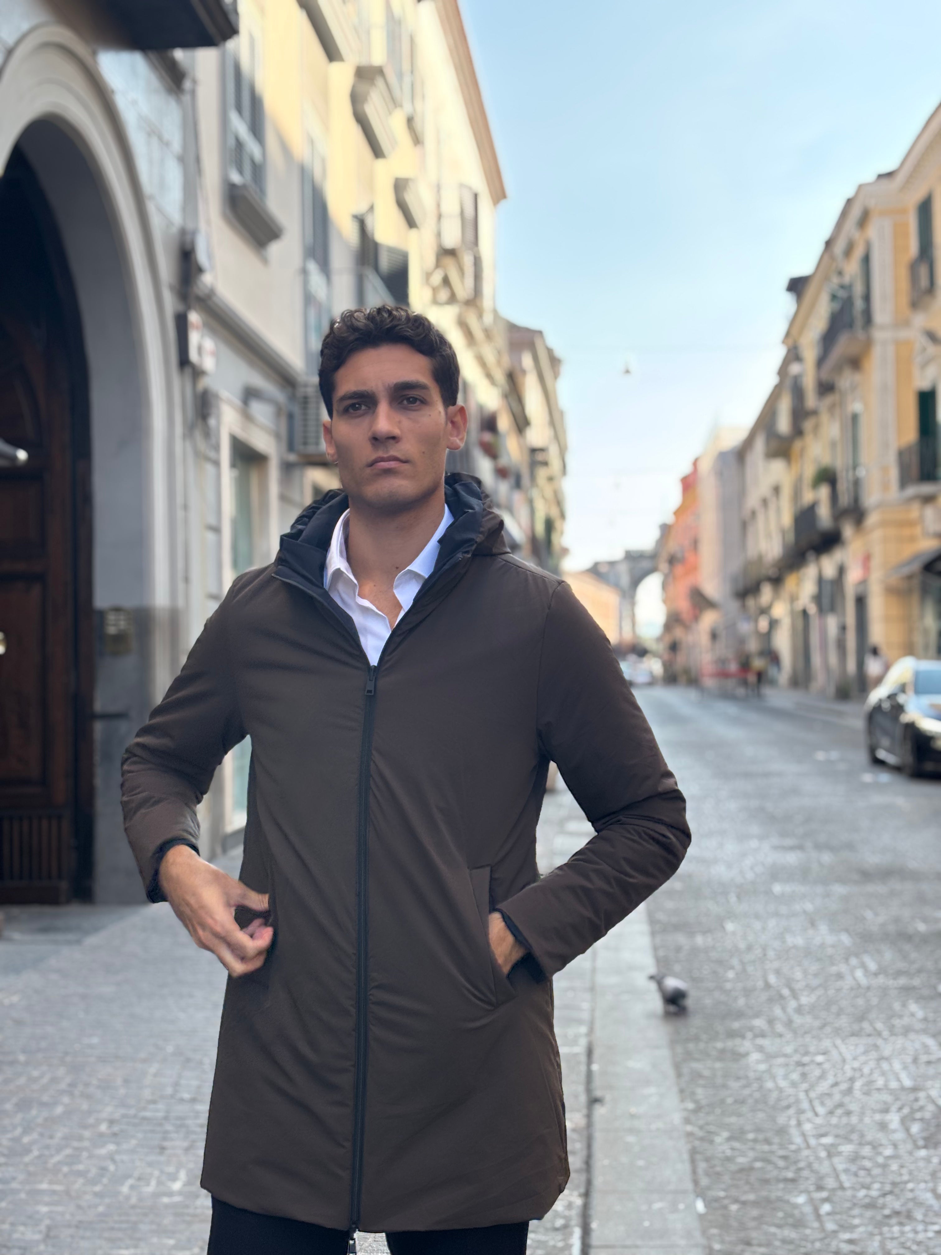 Men's Brown Water-Resistant Hooded Long Coat - Full-Zip Polyester Outerwear