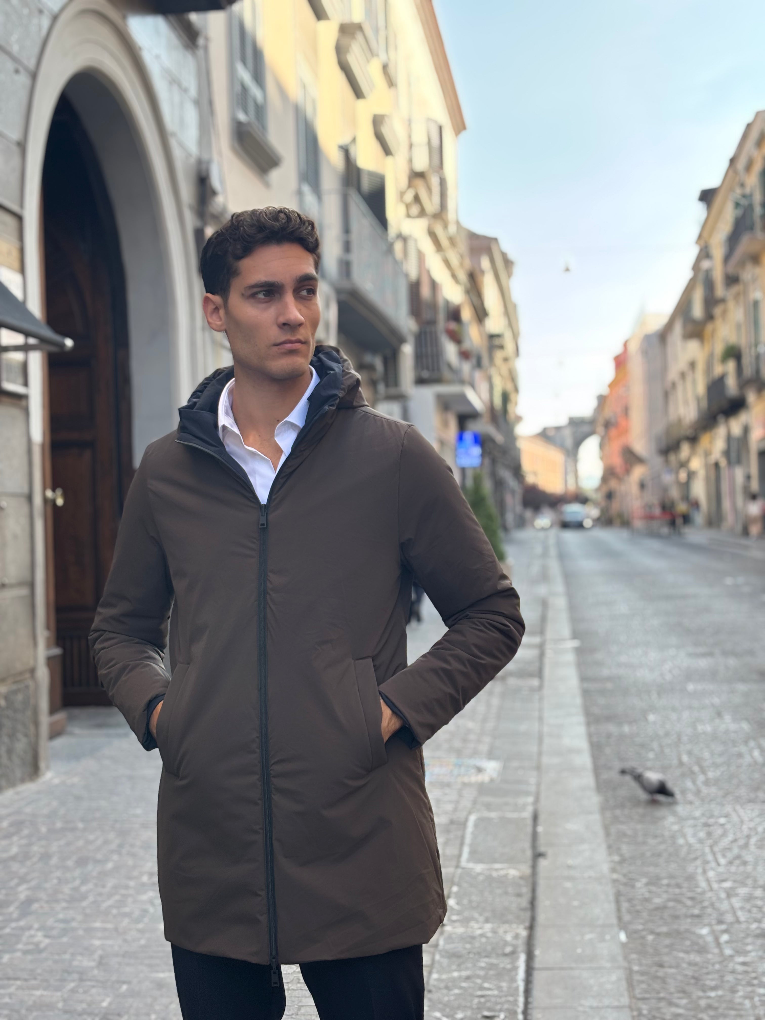 Men's Brown Water-Resistant Hooded Long Coat - Full-Zip Polyester Outerwear