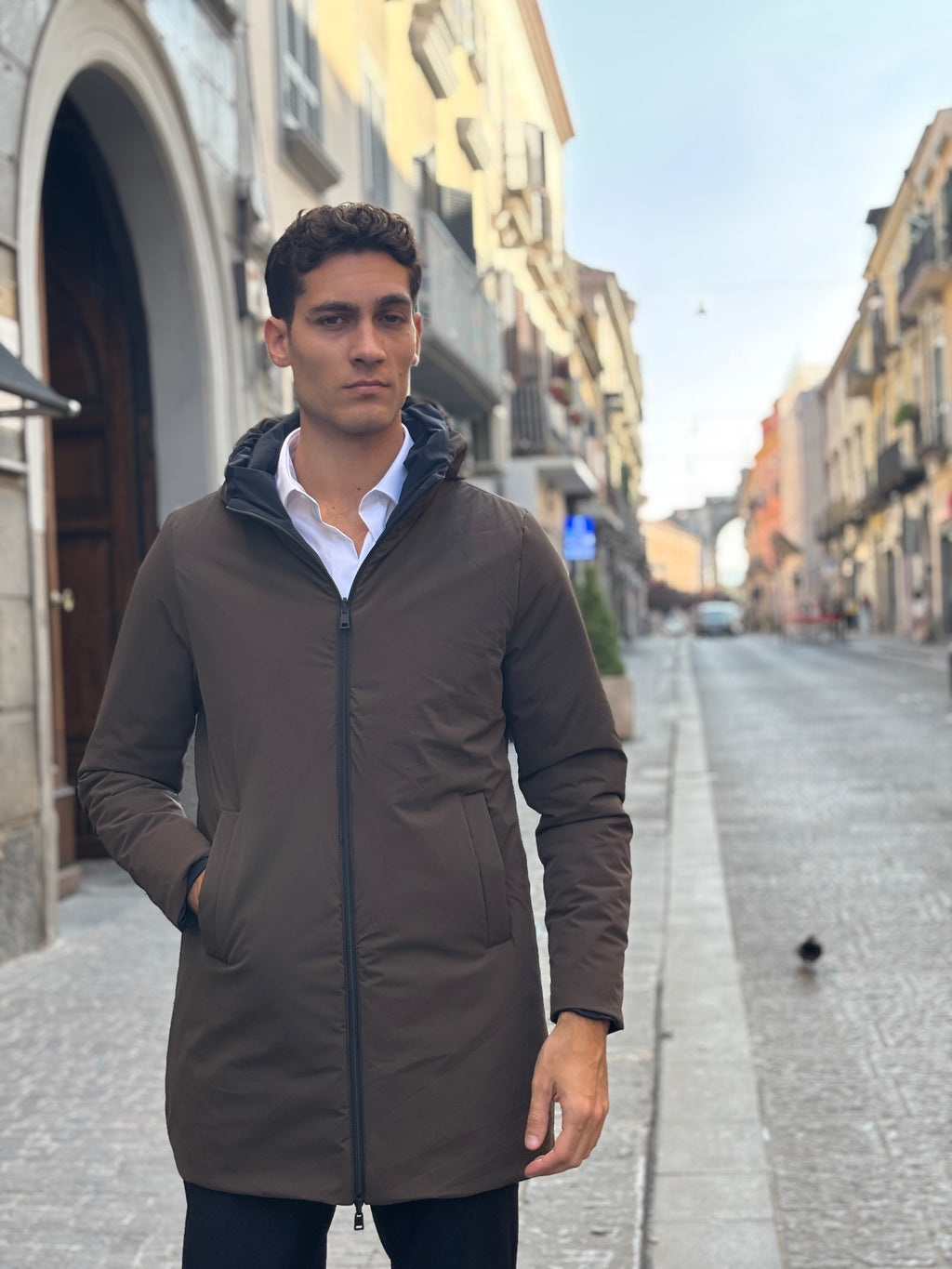 Men's Brown Water-Resistant Hooded Long Coat - Full-Zip Polyester Outerwear