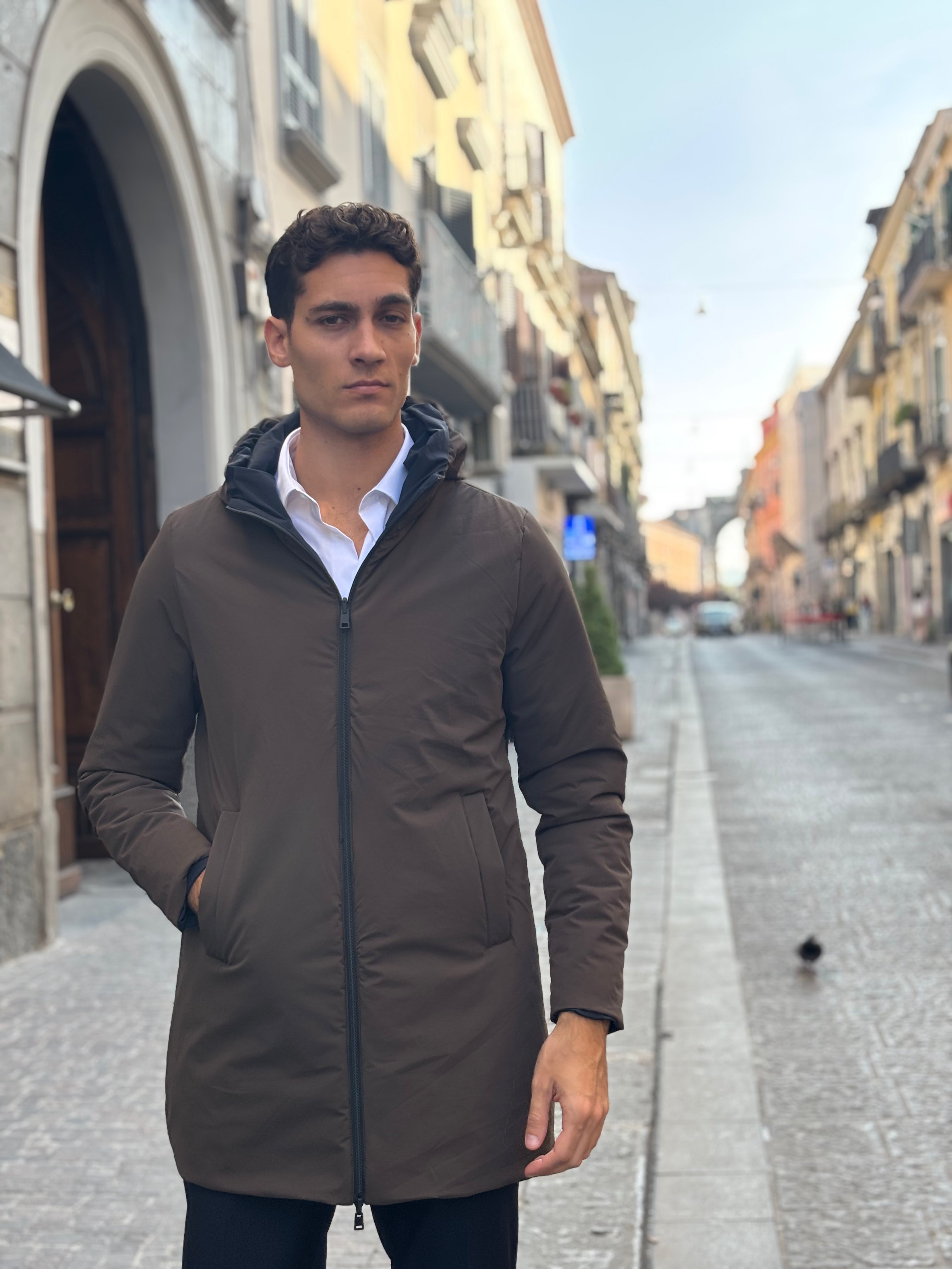 Men's Brown Water-Resistant Hooded Long Coat - Full-Zip Polyester Outerwear