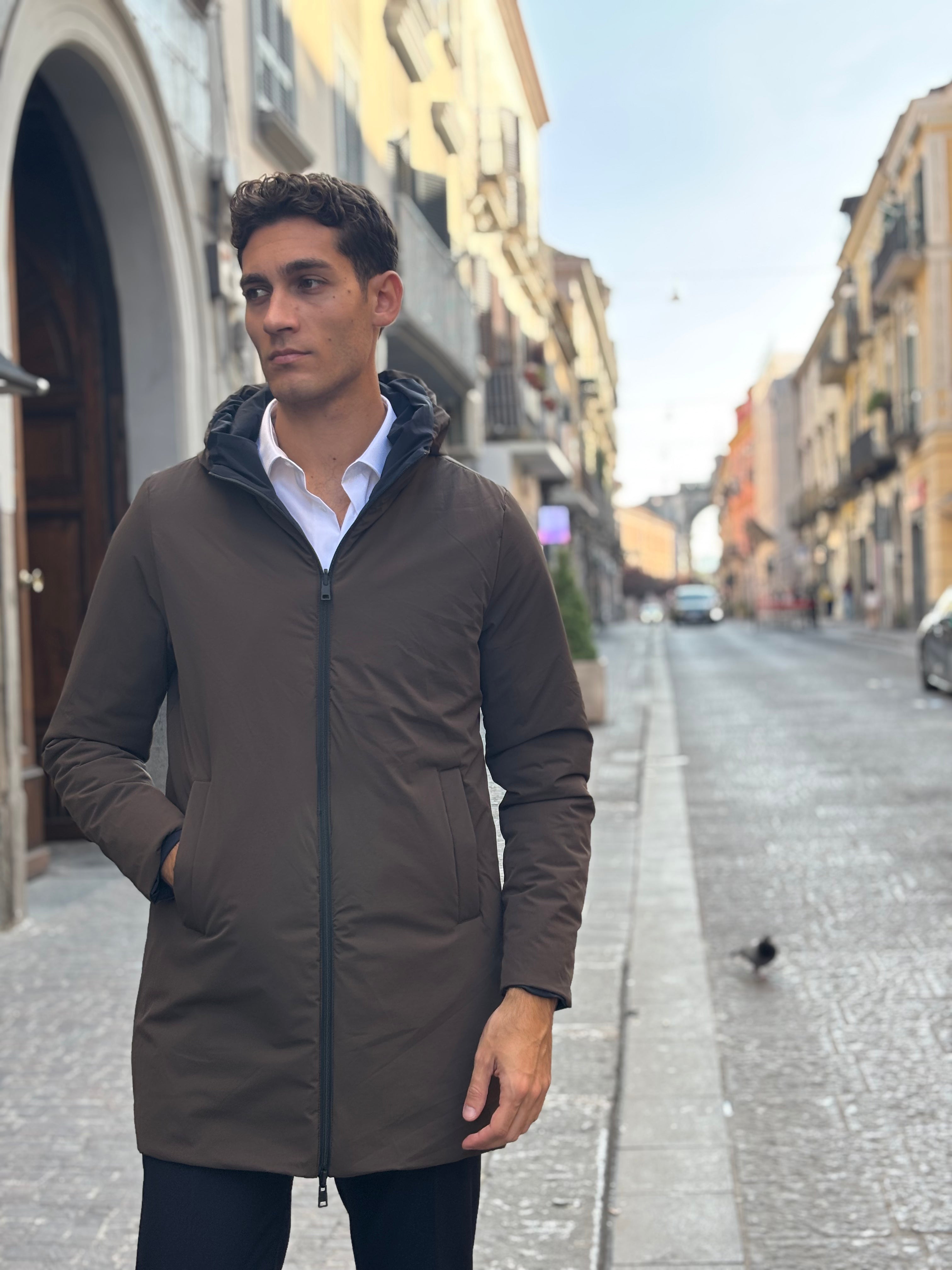 Men's Brown Water-Resistant Hooded Long Coat - Full-Zip Polyester Outerwear