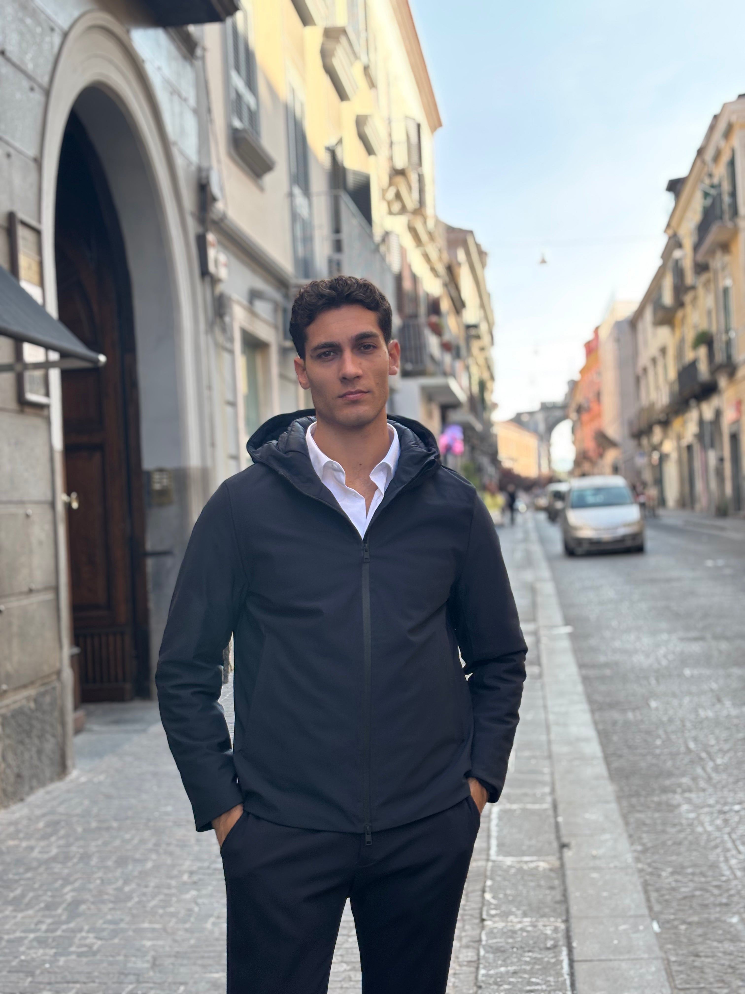 Men's Black Hooded Lightweight Jacket - Water-Resistant Polyester Outerwear