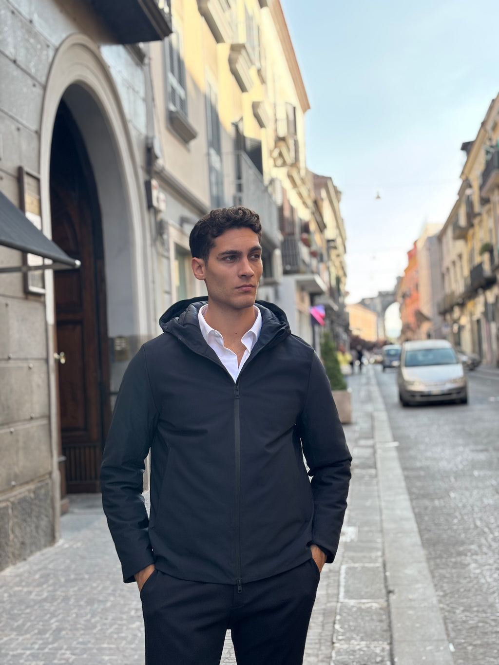 Men's Black Hooded Lightweight Jacket - Water-Resistant Polyester Outerwear