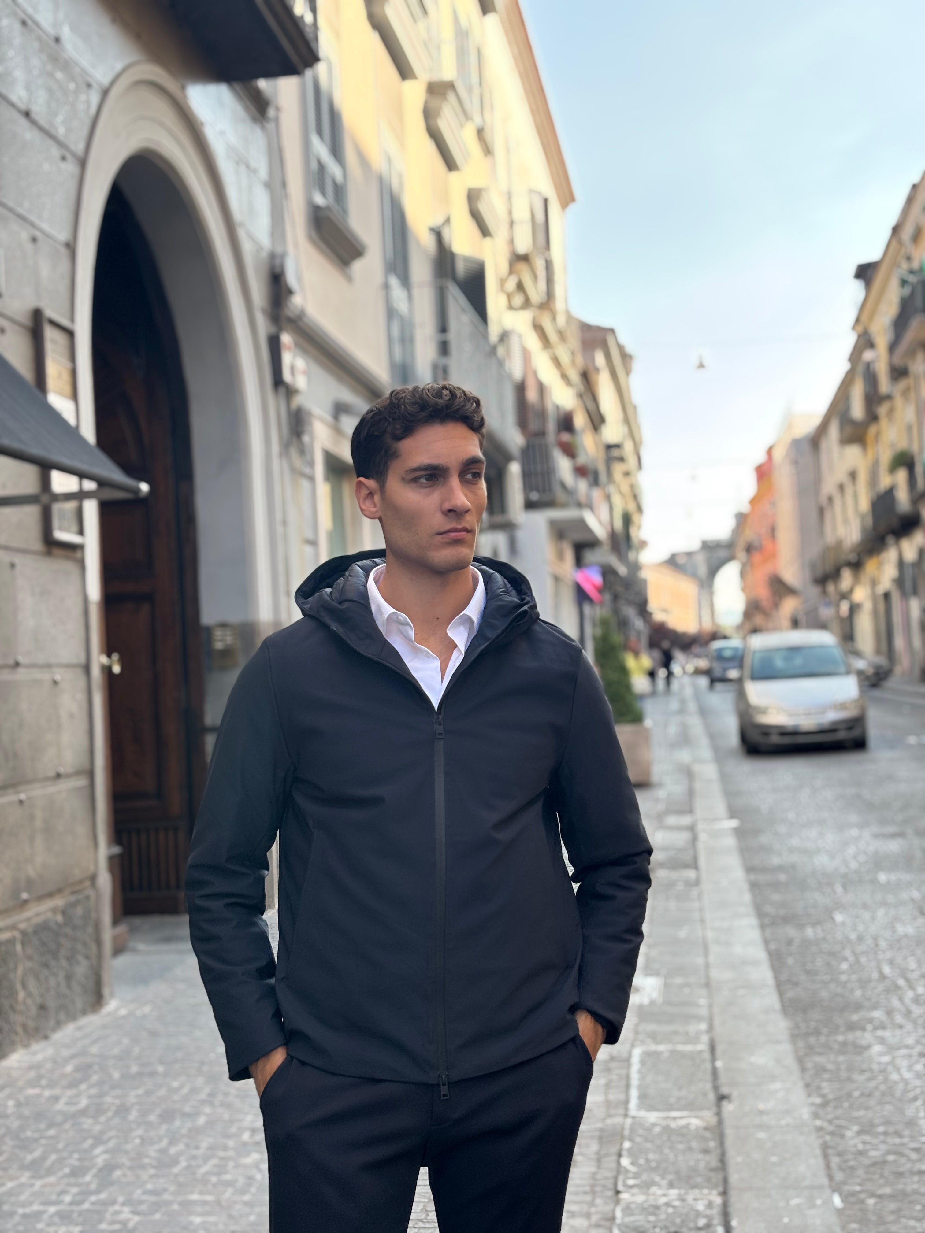 Men's Black Hooded Lightweight Jacket - Water-Resistant Polyester Outerwear