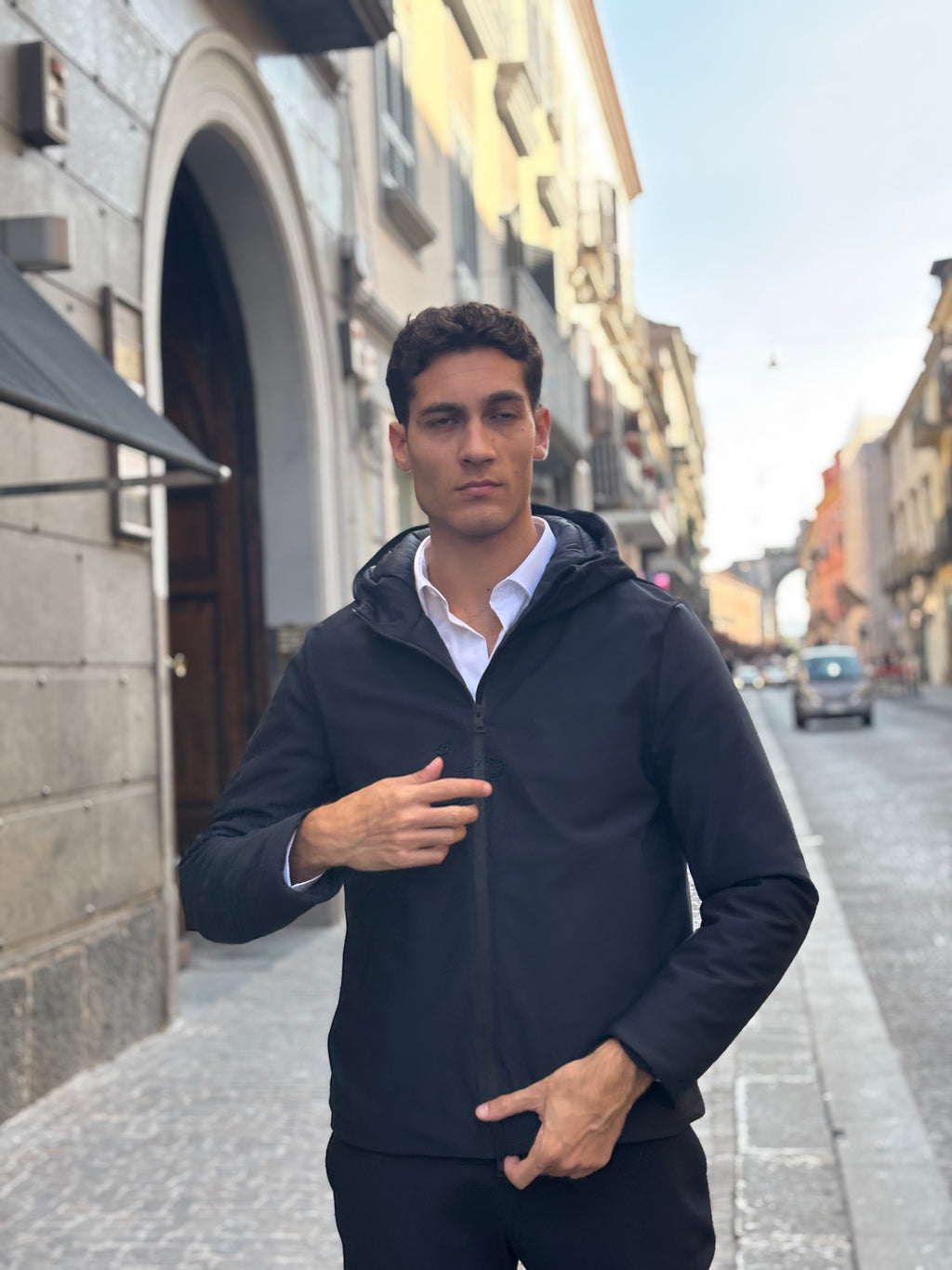 Men's Black Hooded Lightweight Jacket - Water-Resistant Polyester Outerwear