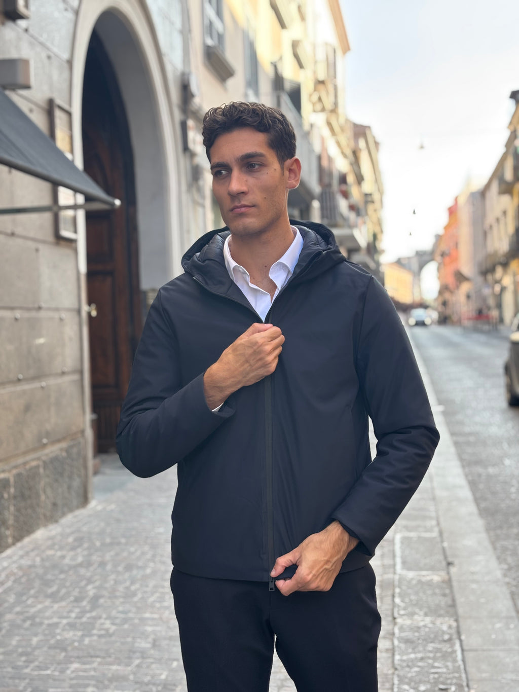 Men's Black Hooded Lightweight Jacket - Water-Resistant Polyester Outerwear