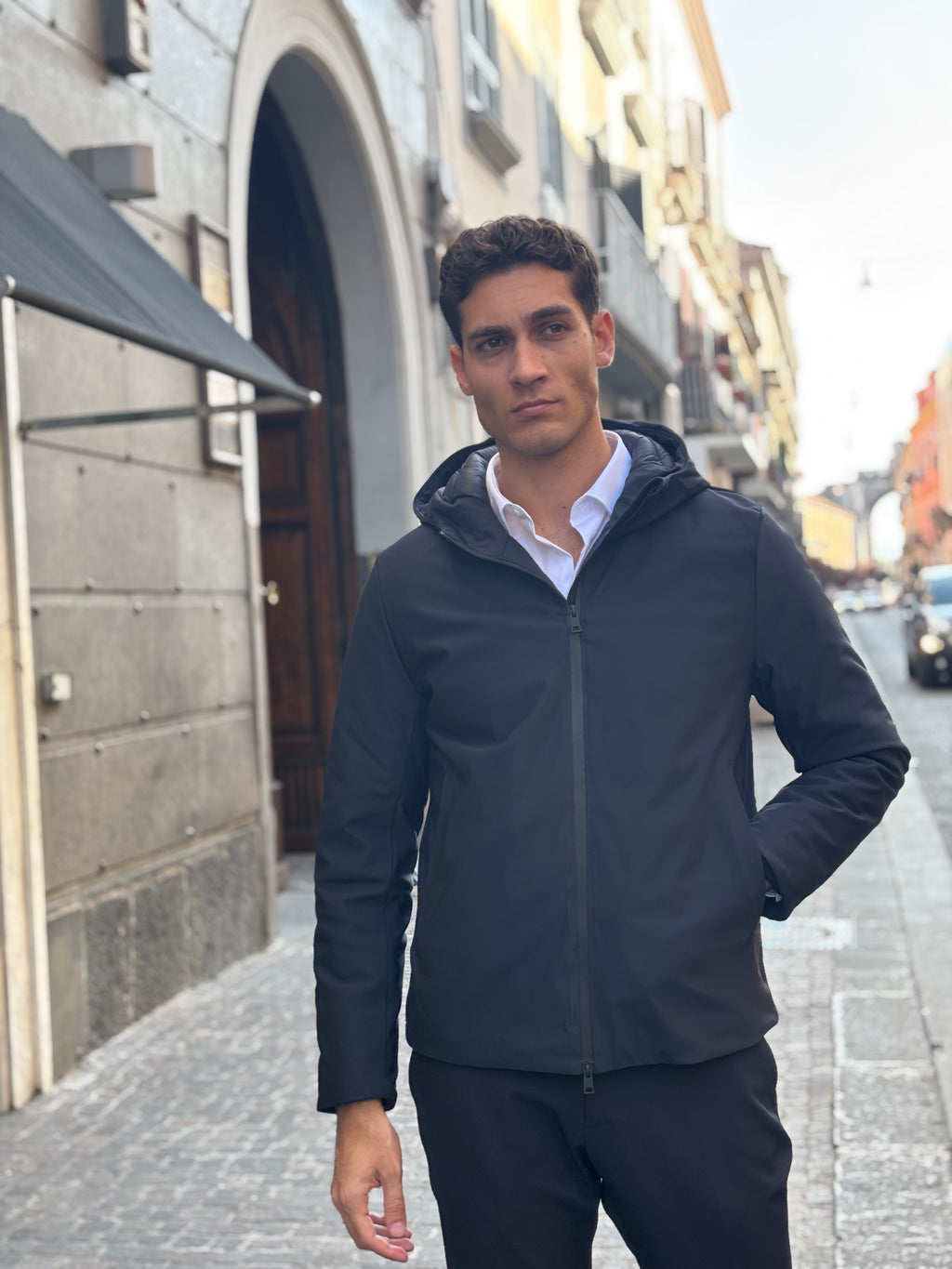 Men's Black Hooded Lightweight Jacket - Water-Resistant Polyester Outerwear