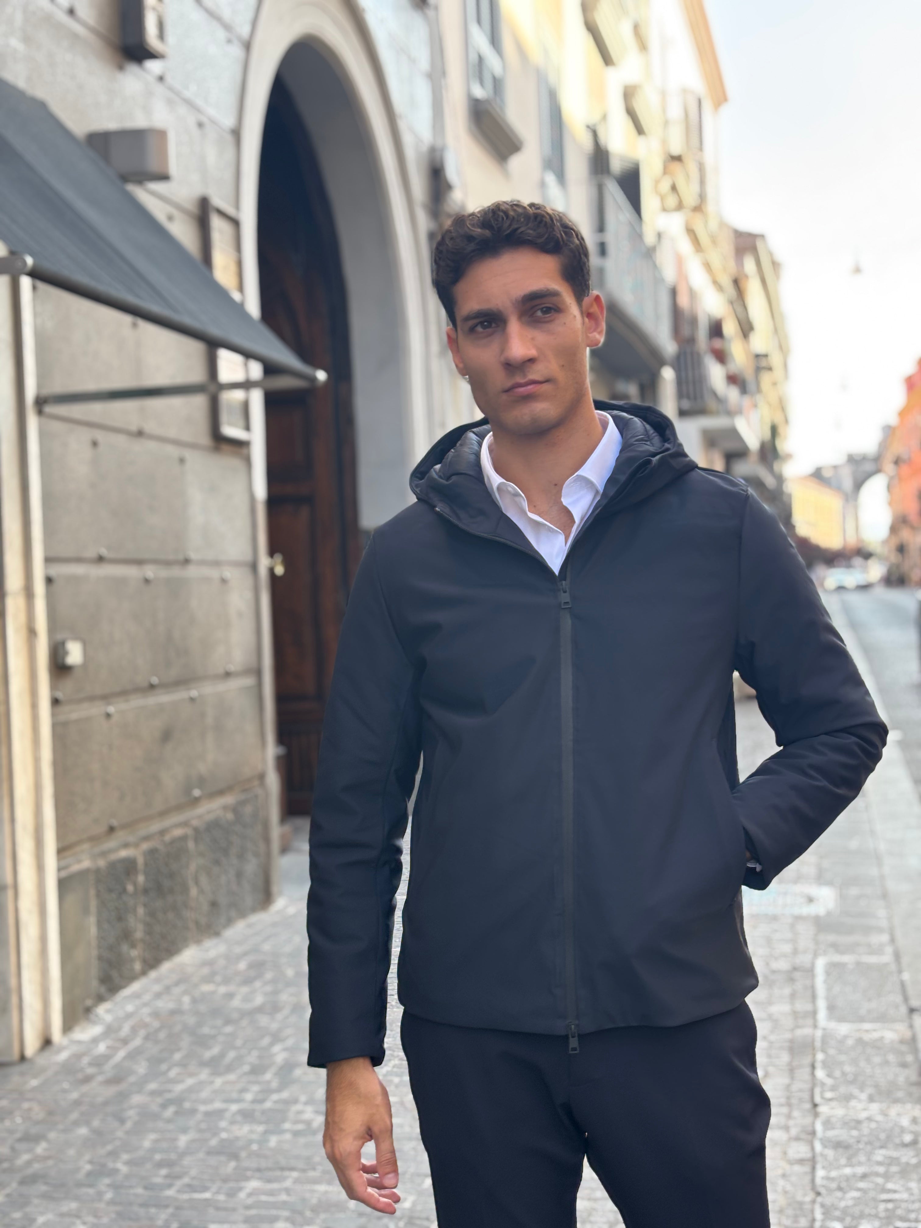 Men's Black Hooded Lightweight Jacket - Water-Resistant Polyester Outerwear