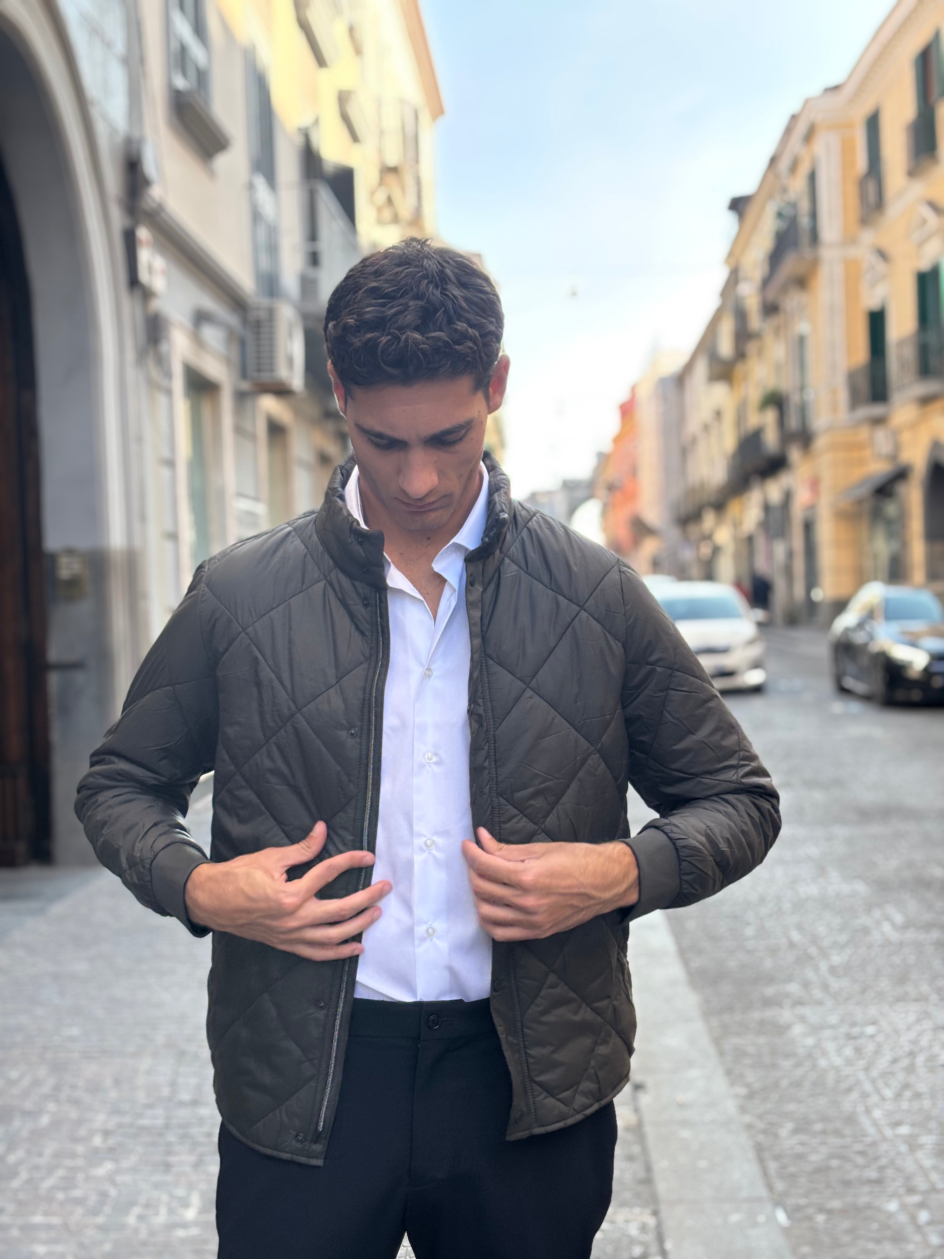 Men's Olive Green Diamond Quilted Jacket - Lightweight Polyester Outerwear