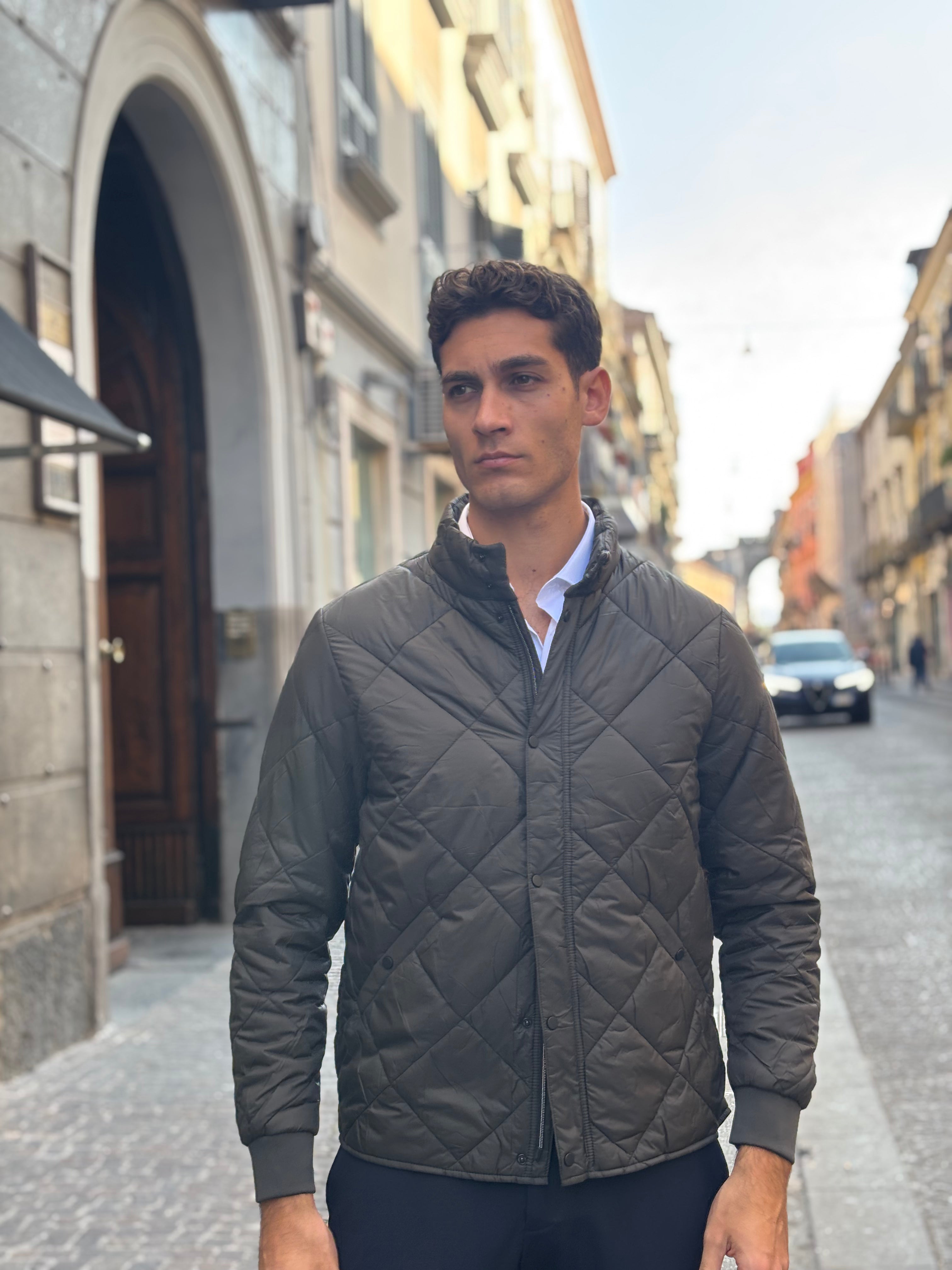 Men's Olive Green Diamond Quilted Jacket - Lightweight Polyester Outerwear