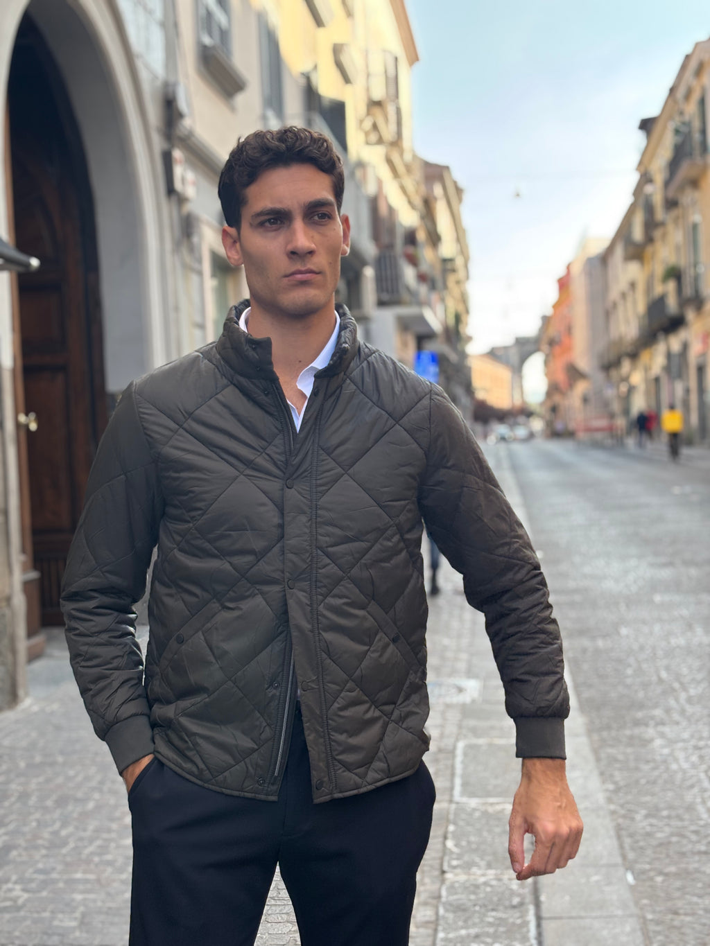 Men's Olive Green Diamond Quilted Jacket - Lightweight Polyester Outerwear