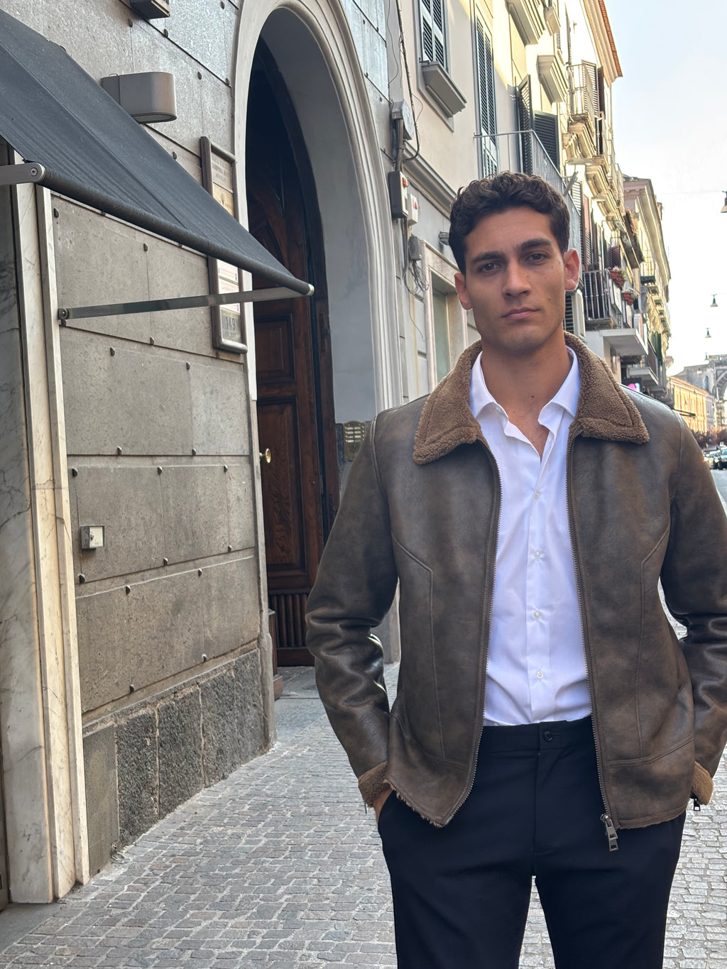 Men's Brown Distressed Faux Leather Shearling Jacket - Winter Bomber Coat