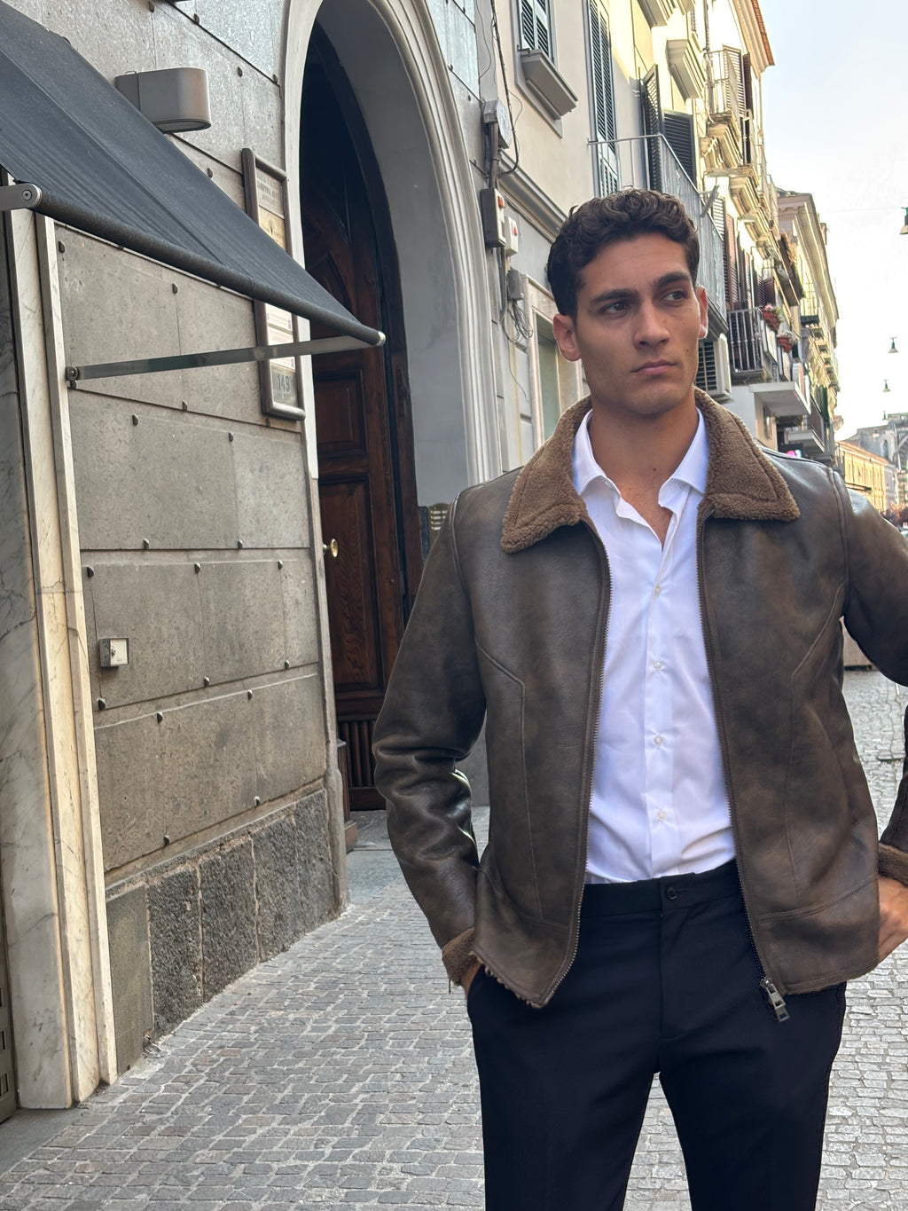 Men's Brown Distressed Faux Leather Shearling Jacket - Winter Bomber Coat