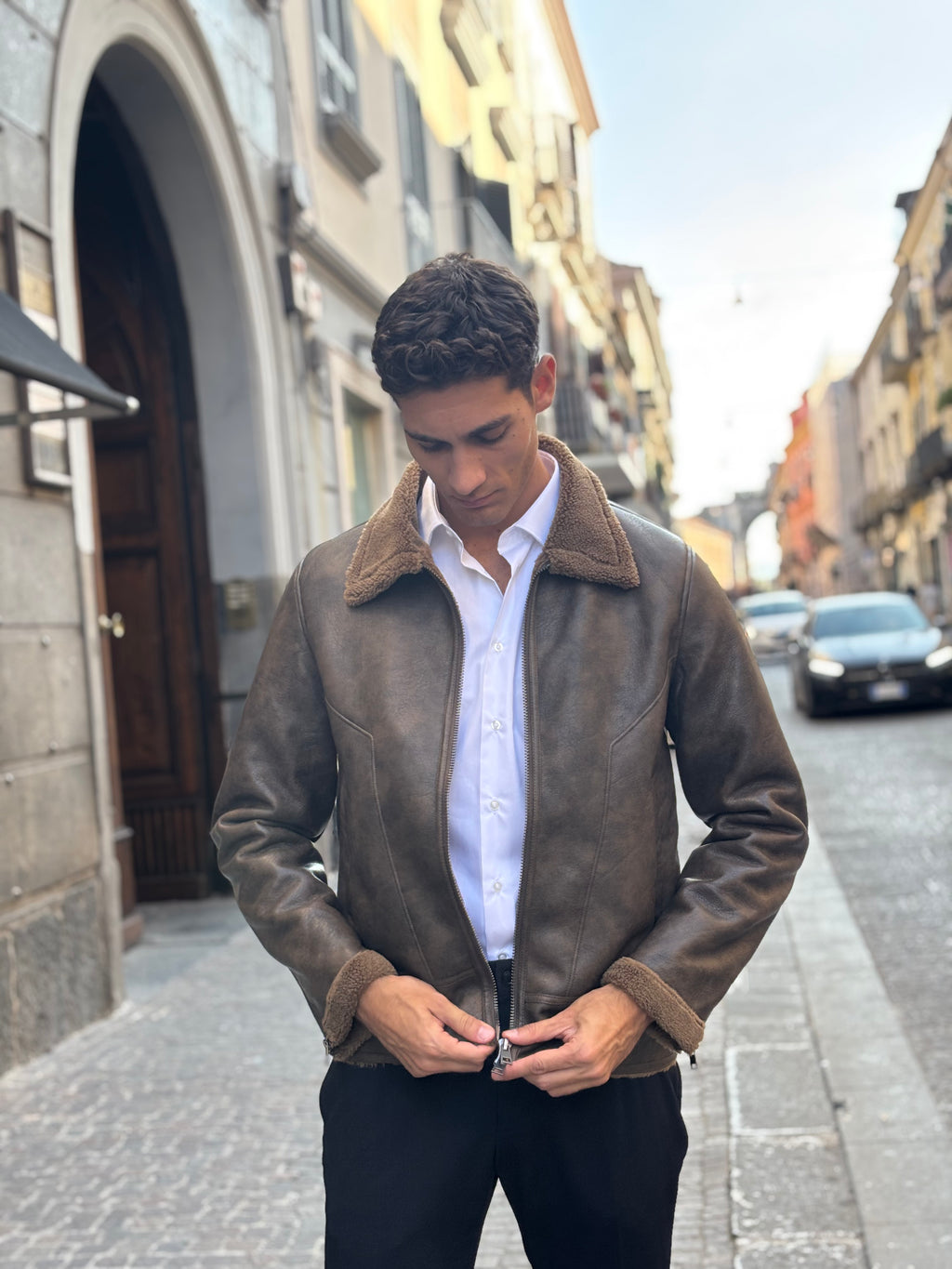 Men's Brown Distressed Faux Leather Shearling Jacket - Winter Bomber Coat