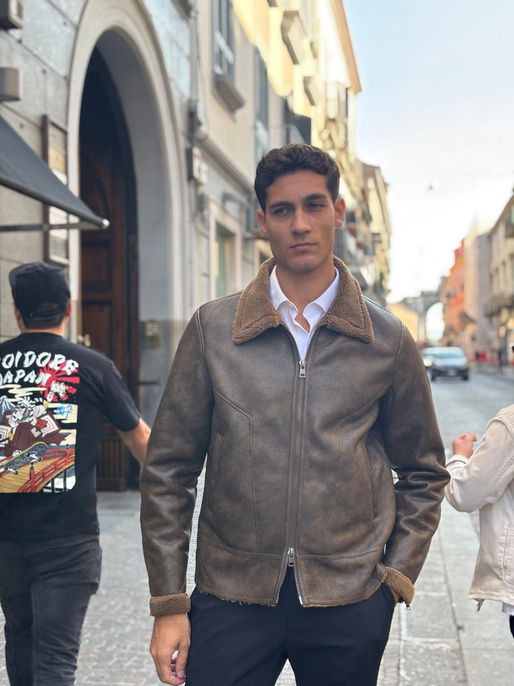 Men's Brown Distressed Faux Leather Shearling Jacket - Winter Bomber Coat