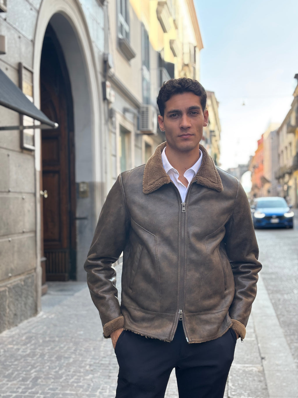 Men's Brown Distressed Faux Leather Shearling Jacket - Winter Bomber Coat