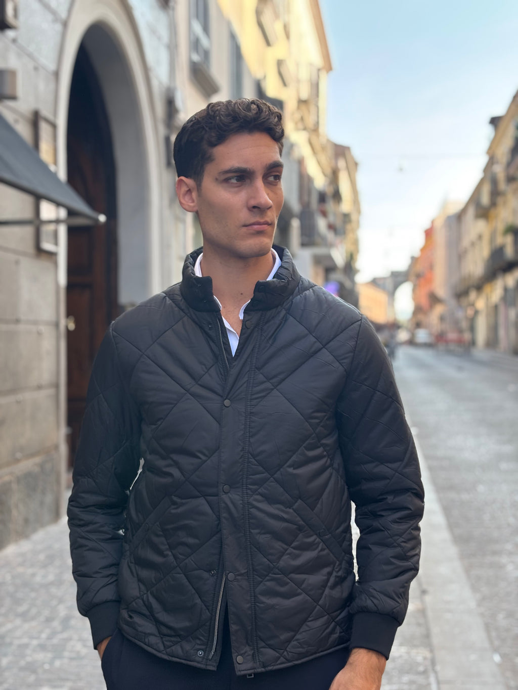 Men's Black Diamond Quilted Jacket - Full-Zip Polyester Bomber