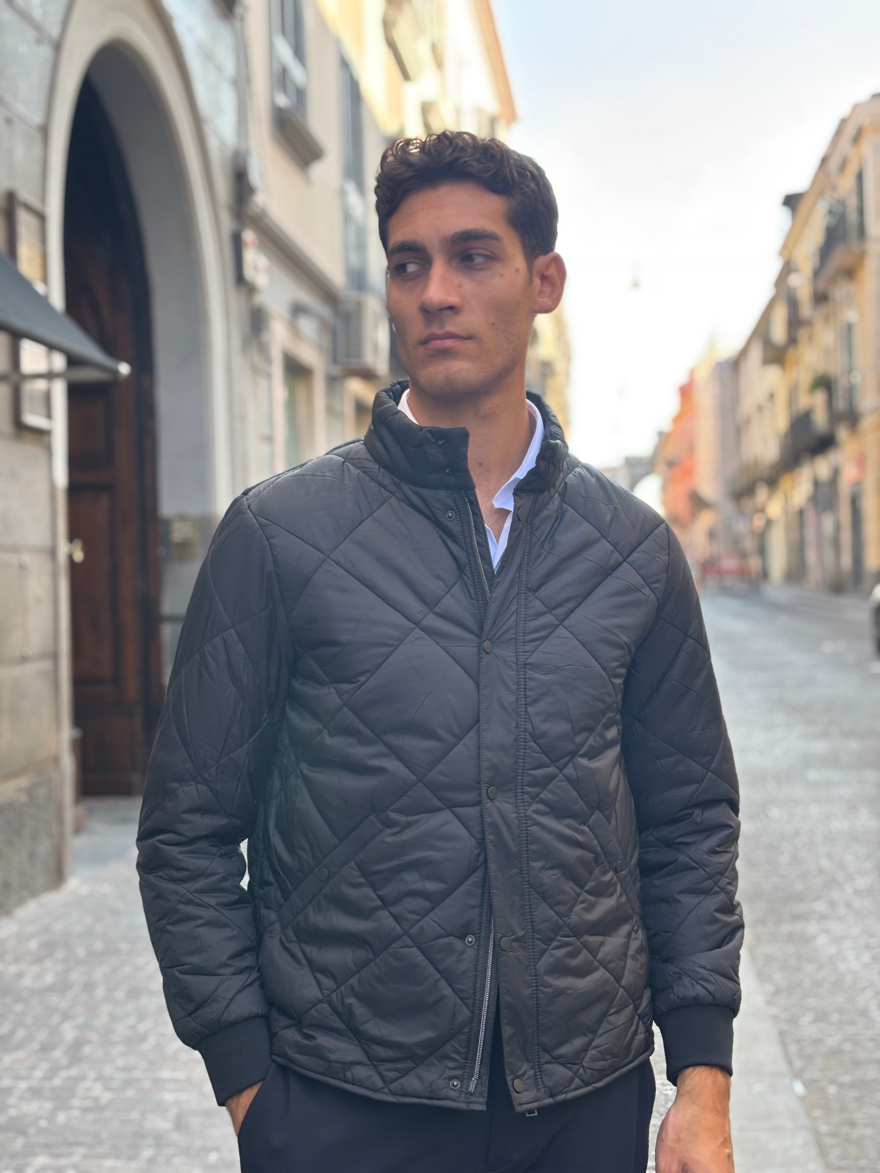 Men's Black Diamond Quilted Jacket - Full-Zip Polyester Bomber
