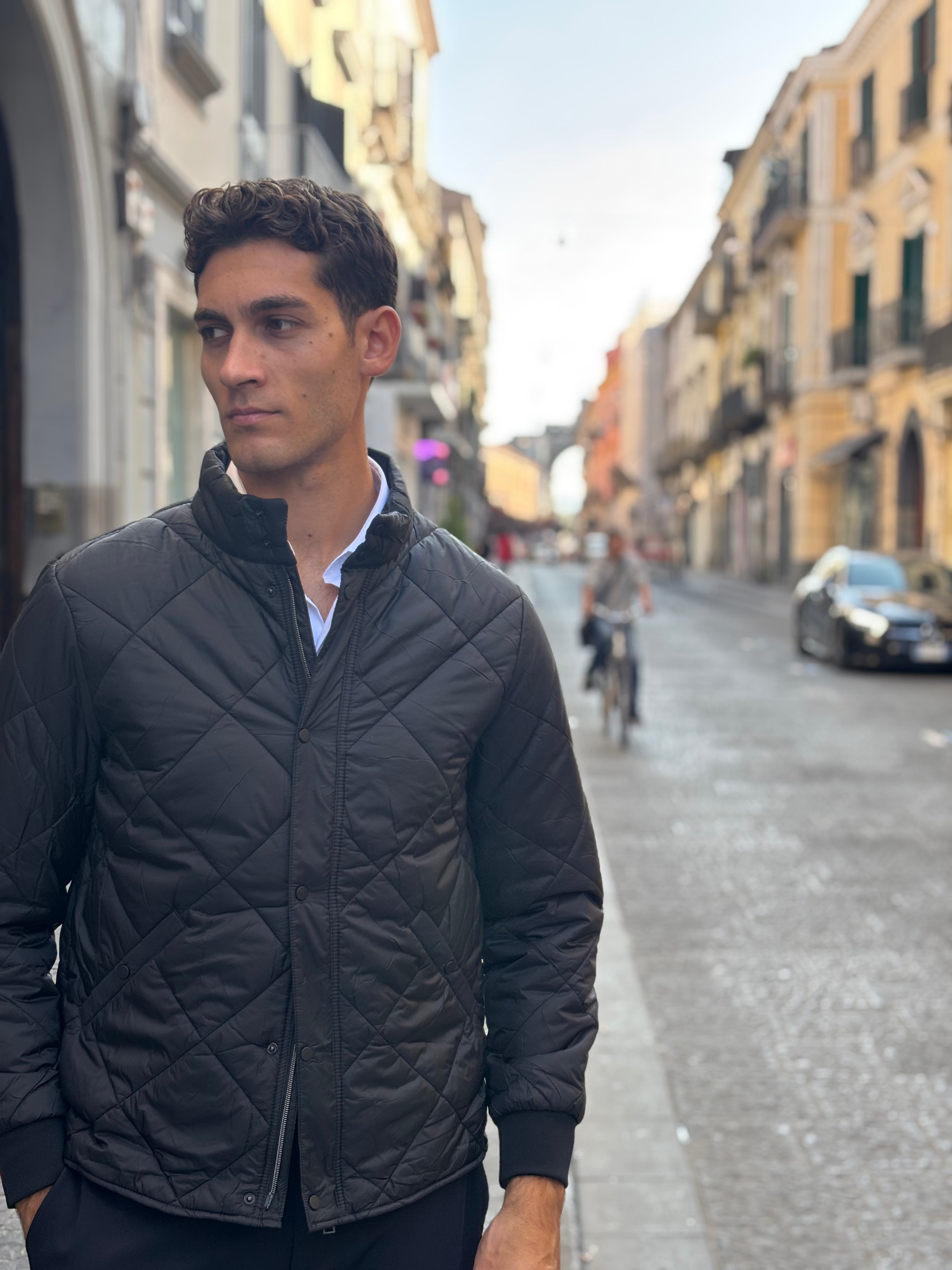 Men's Black Diamond Quilted Jacket - Full-Zip Polyester Bomber