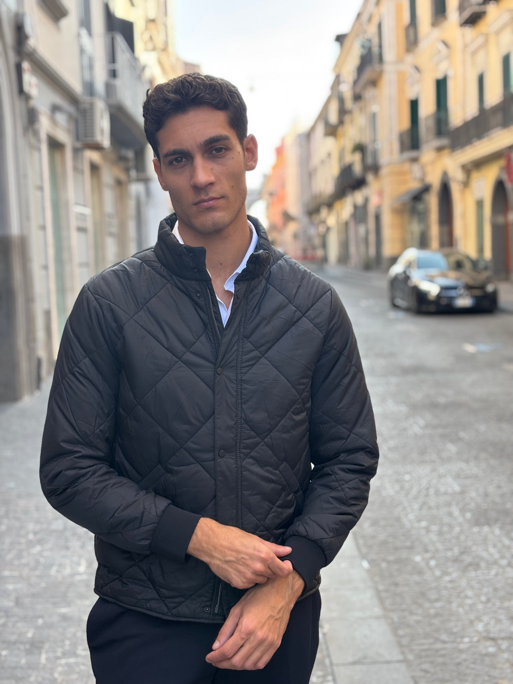 Men's Black Diamond Quilted Jacket - Full-Zip Polyester Bomber