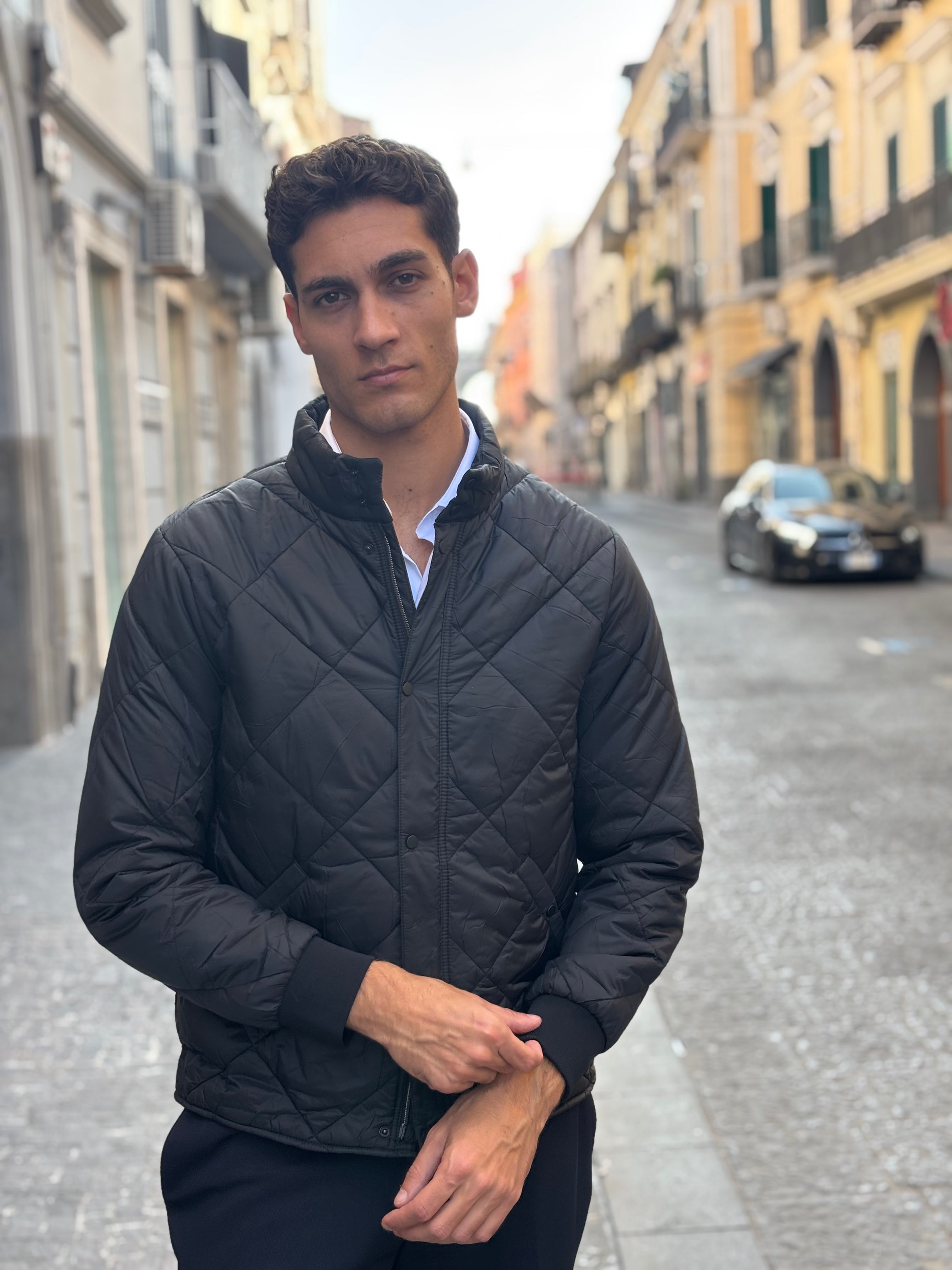 Men's Black Diamond Quilted Jacket - Full-Zip Polyester Bomber