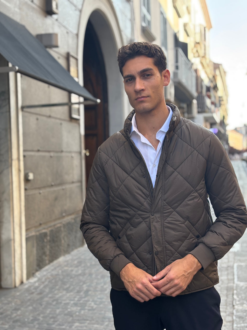 Men's Brown Diamond Quilted Jacket - Full-Zip Polyester Outerwear