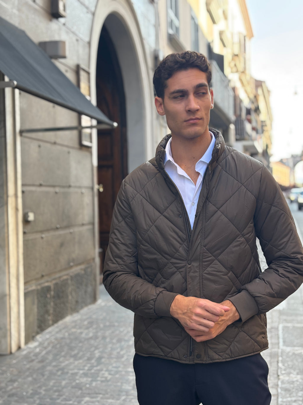 Men's Brown Diamond Quilted Jacket - Full-Zip Polyester Outerwear