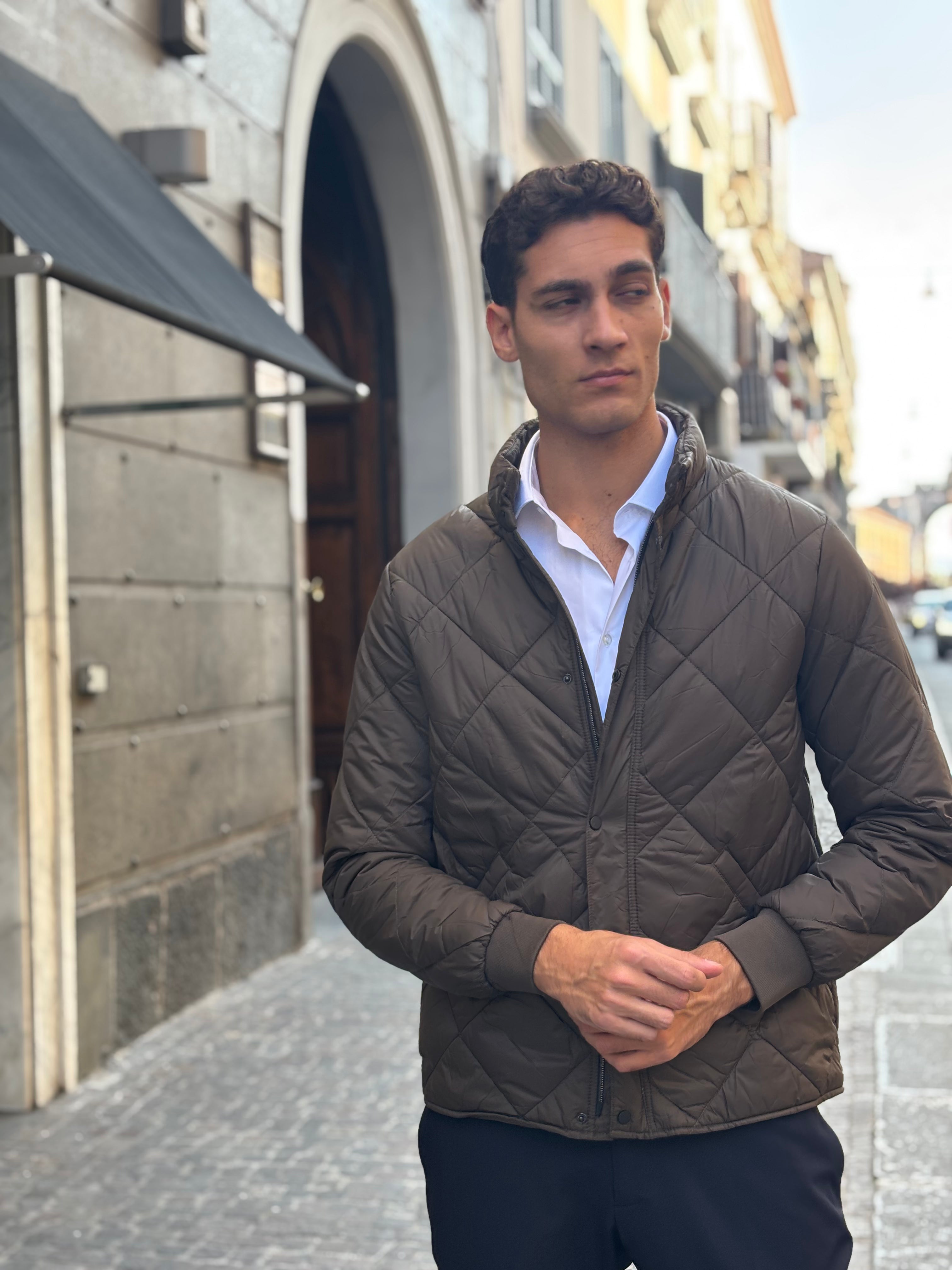 Men's Brown Diamond Quilted Jacket - Full-Zip Polyester Outerwear