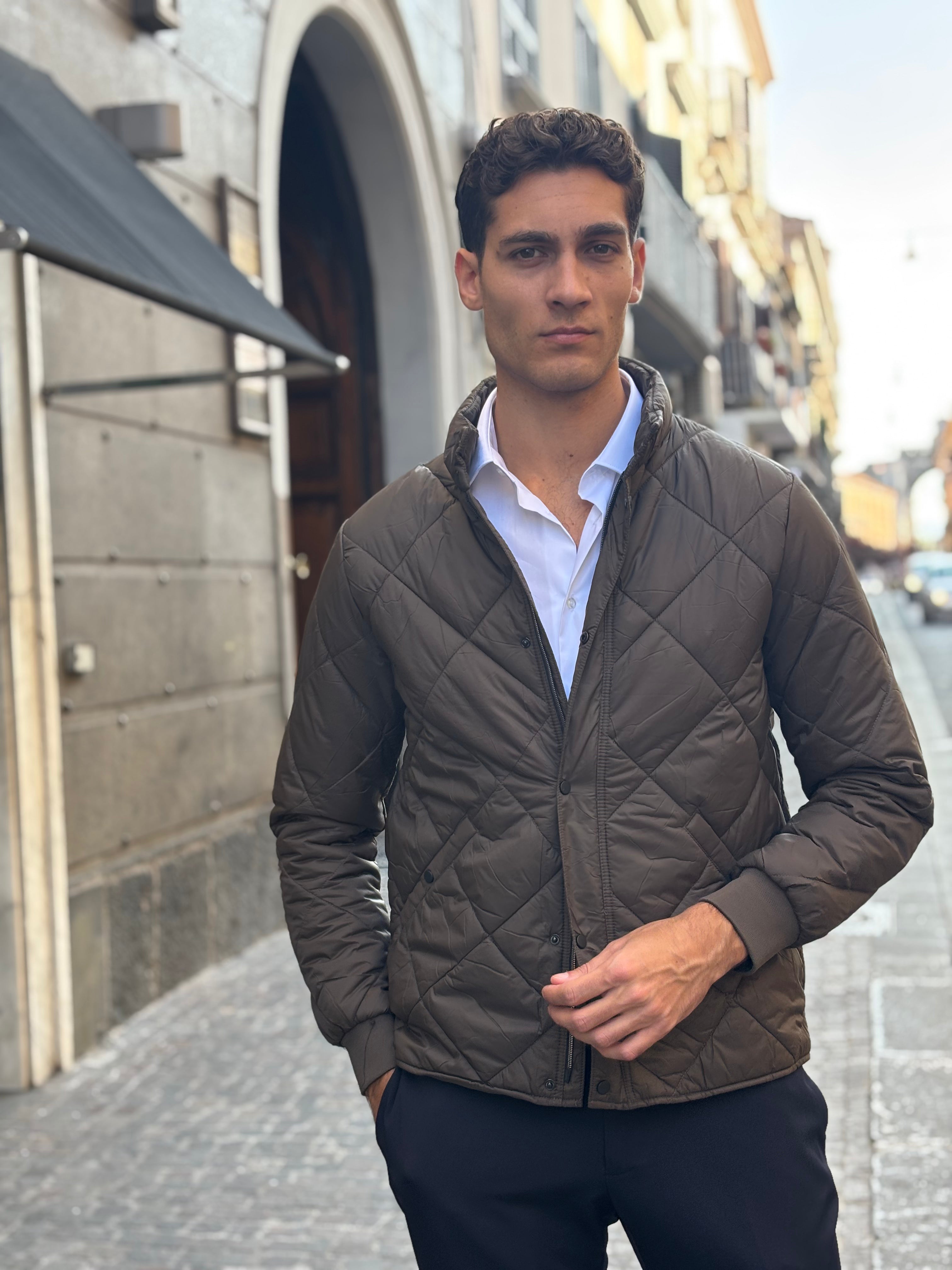 Men's Brown Diamond Quilted Jacket - Full-Zip Polyester Outerwear