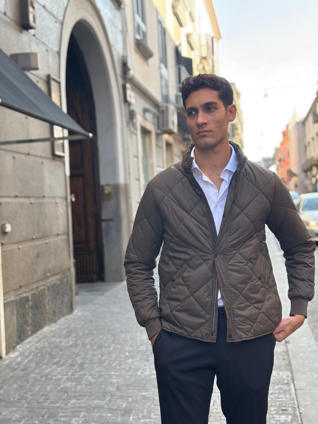 Men's Brown Diamond Quilted Jacket - Full-Zip Polyester Outerwear