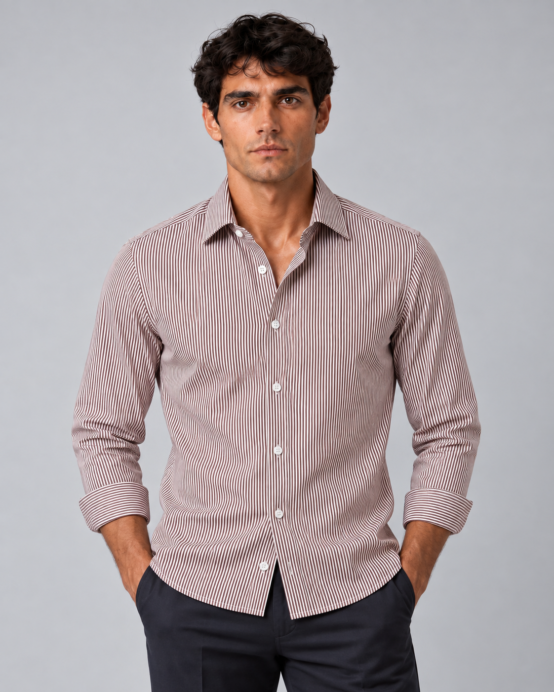 Camicia riga marrone/bianco non stiro