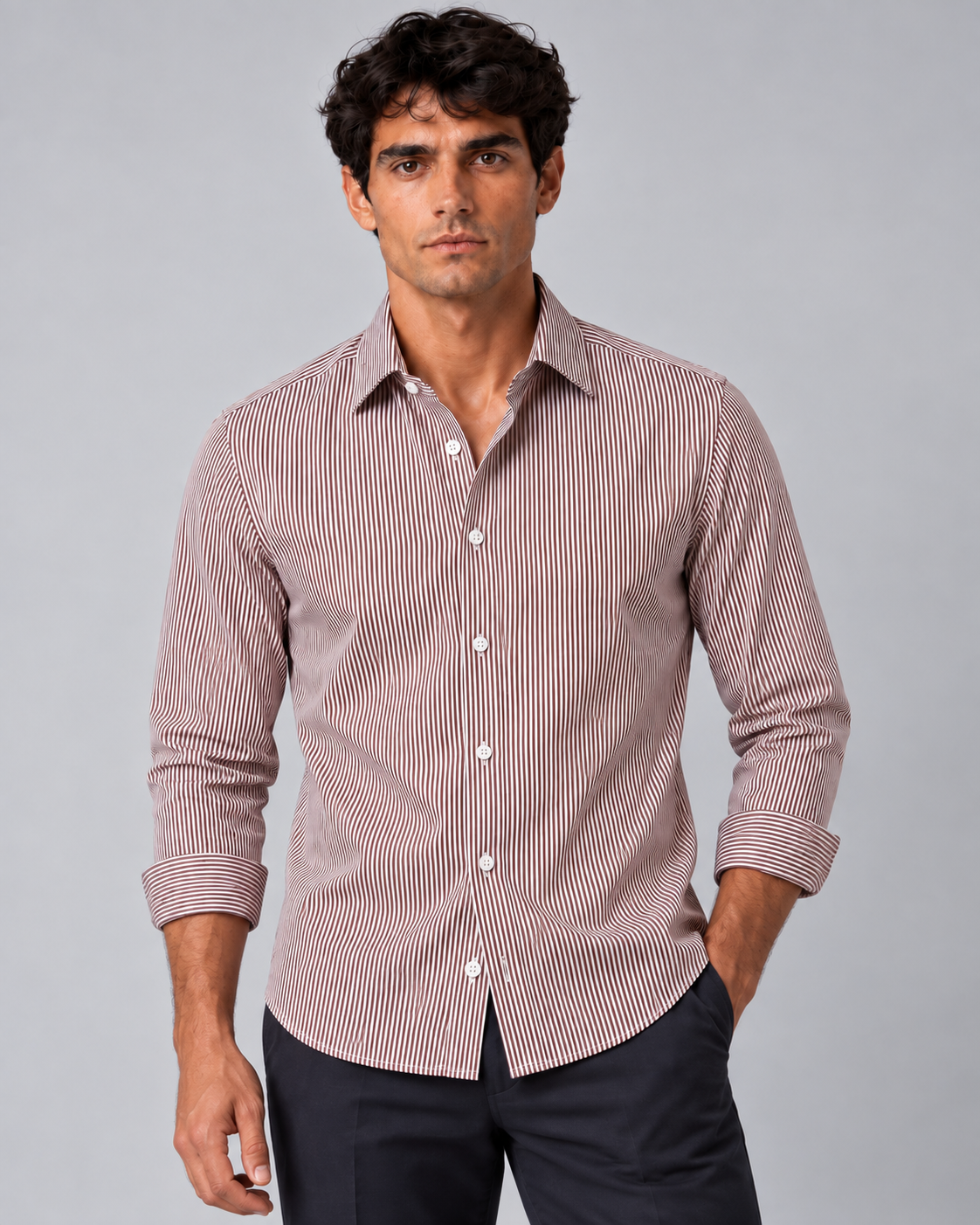 Camicia riga marrone/bianco non stiro