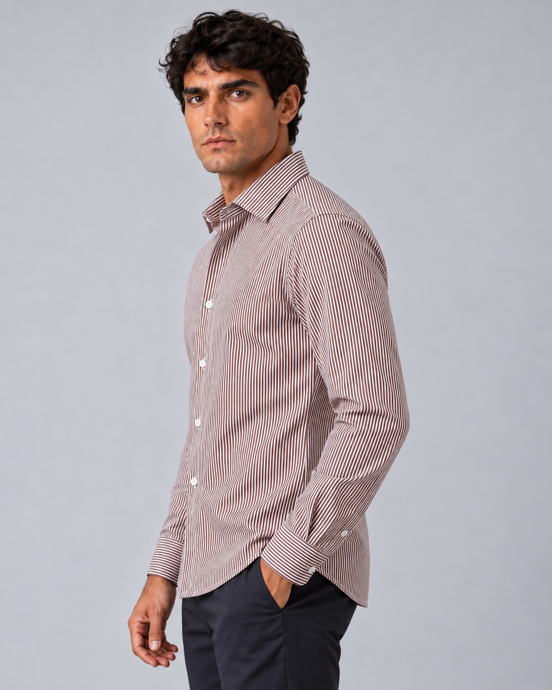 Camicia riga marrone/bianco non stiro