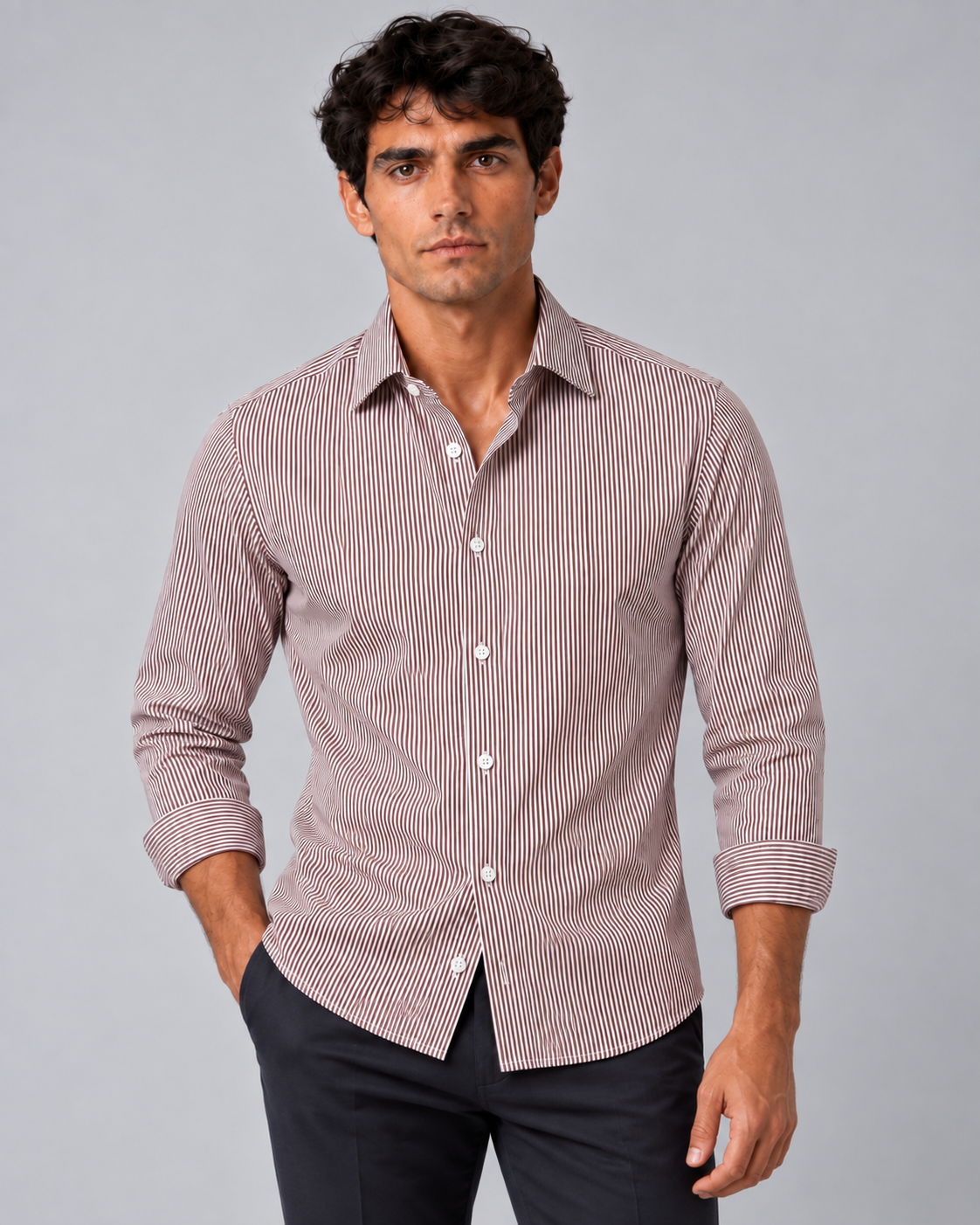 Camicia riga marrone/bianco non stiro