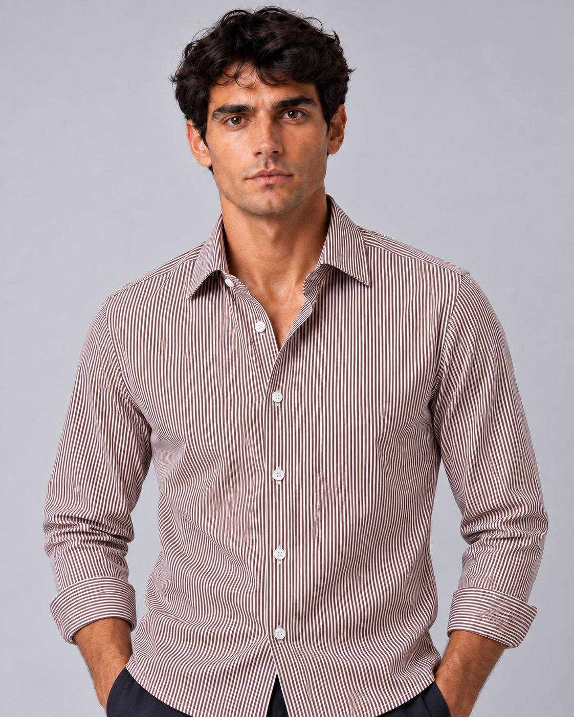 Camicia riga marrone/bianco non stiro
