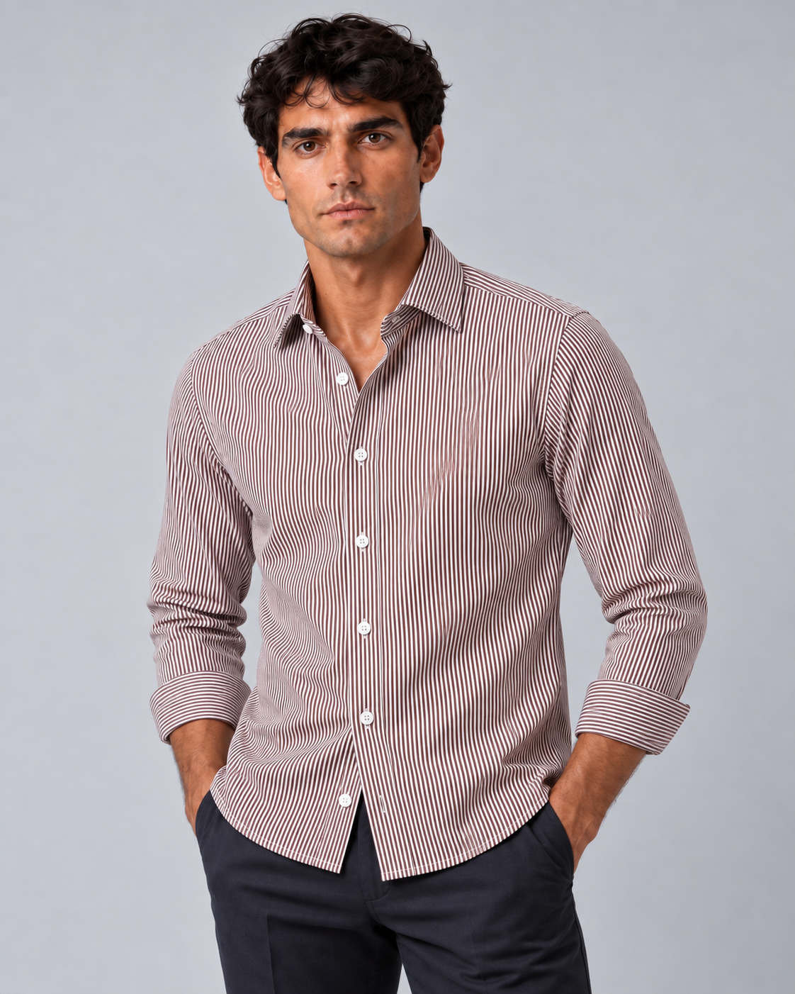 Camicia riga marrone/bianco non stiro