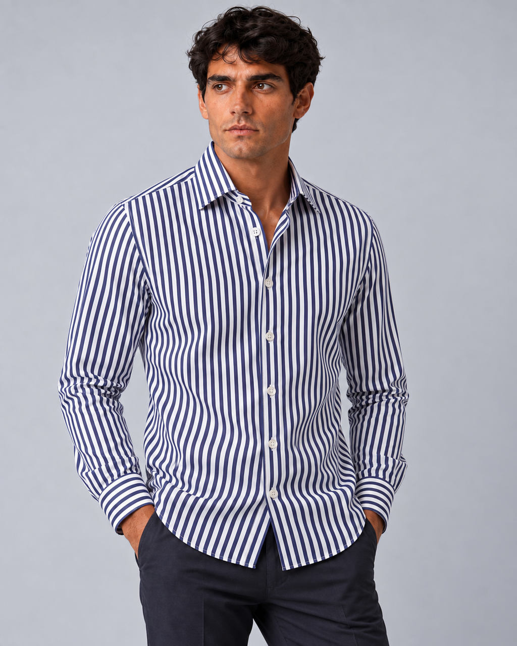 Camicia non stiro righe blu/bianco
